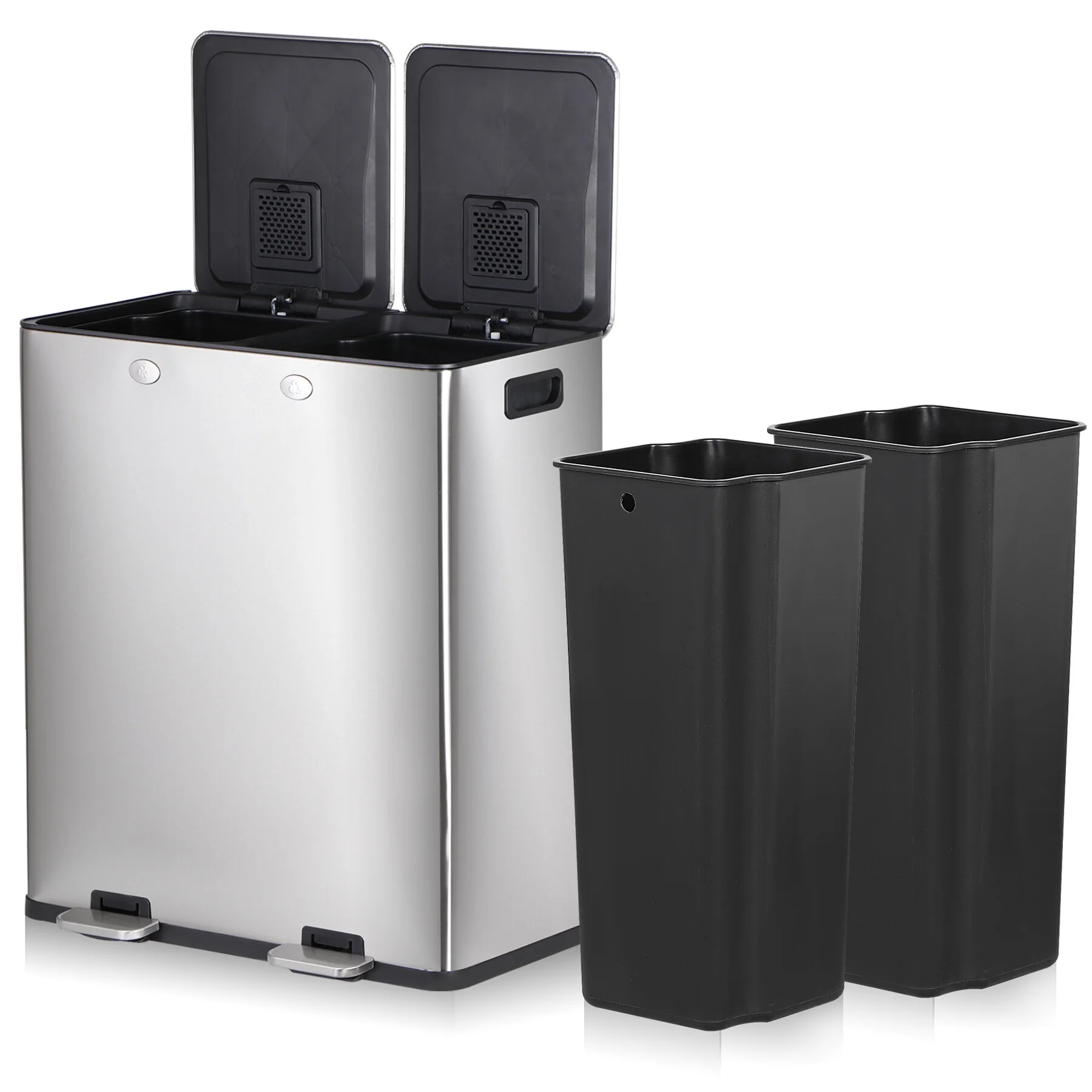 ZENSTYLE 2 x 8-Gallon Trash Can Stainless Steel Kitchen Garbage Can with Step Pedal - Silver