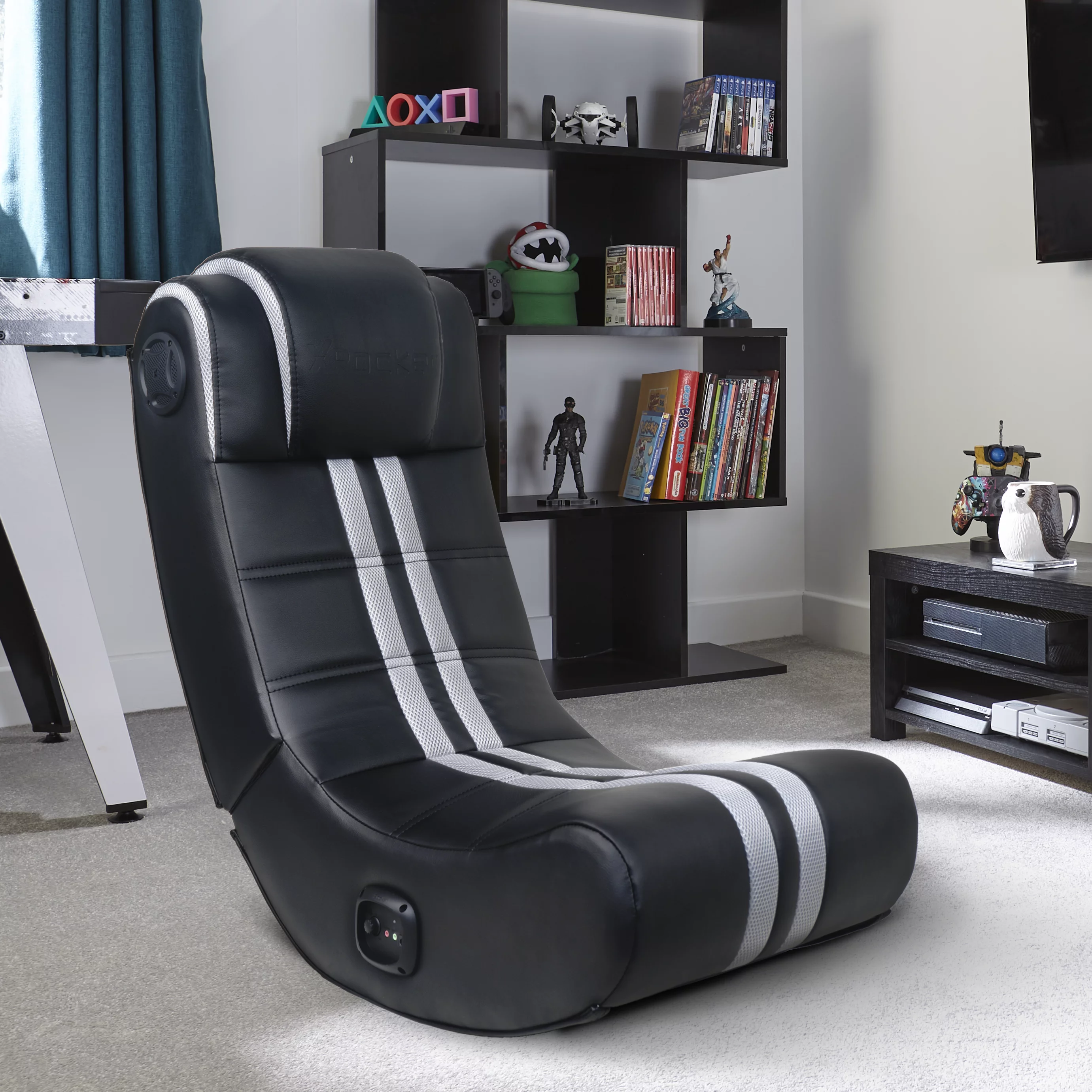 X Rocker SE+ 2.0 Bluetooth Audio Foldable Rocking Video Gaming Chair with 2 Speakers, Gray/Black Leather and Mesh