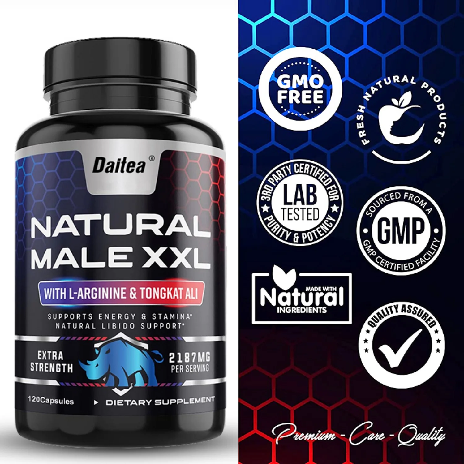 Daitea Natural Male Booster - Contains L-Arginine to Boost Energy, Endurance and Strength - 30/60/120 Capsules