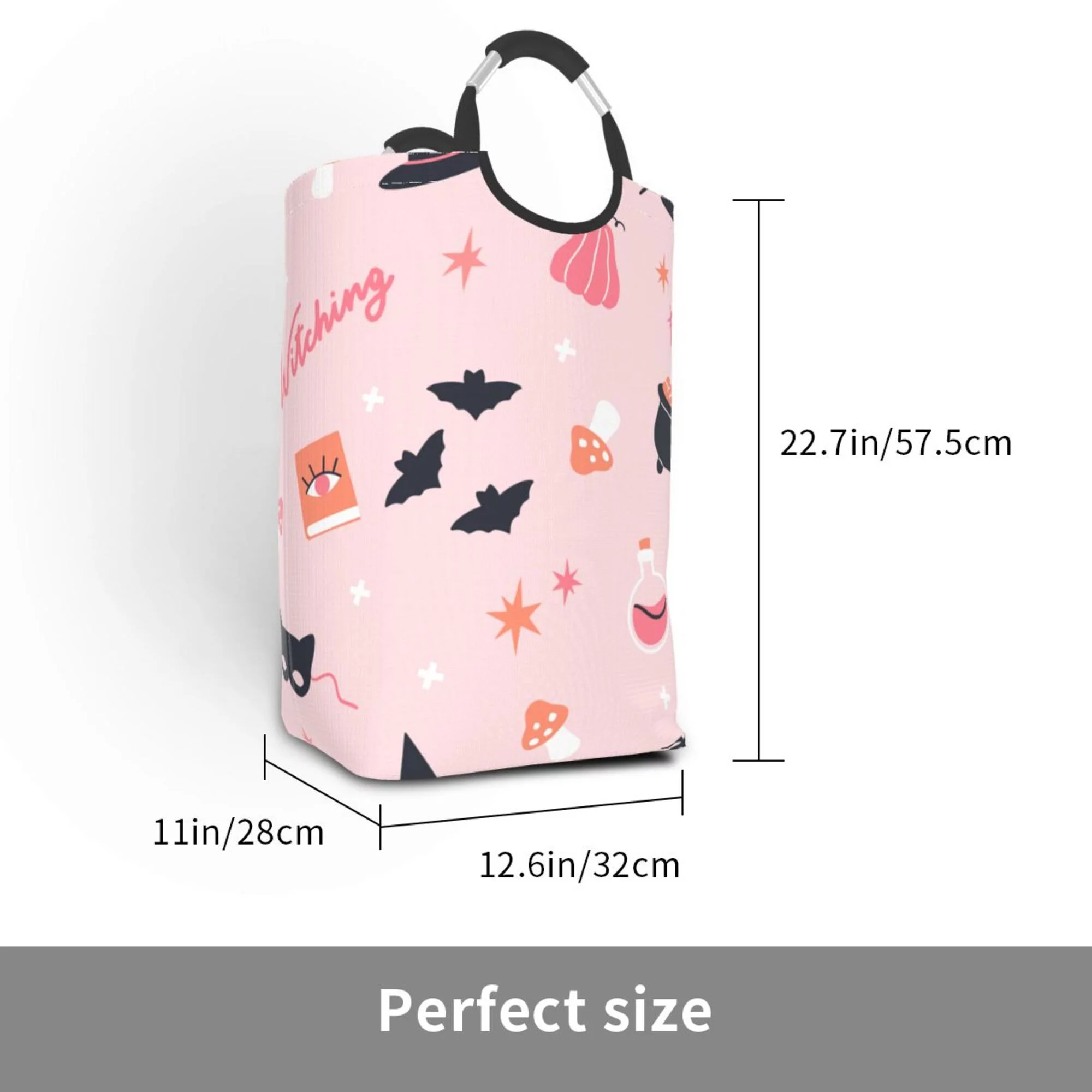 TEQUAN 50L Large Rectangular Laundry Hamper with Aluminum Handles, Pink Witch Hat Bat Pumpkin Prints Waterproof Foldable Dirty Clothes Basket