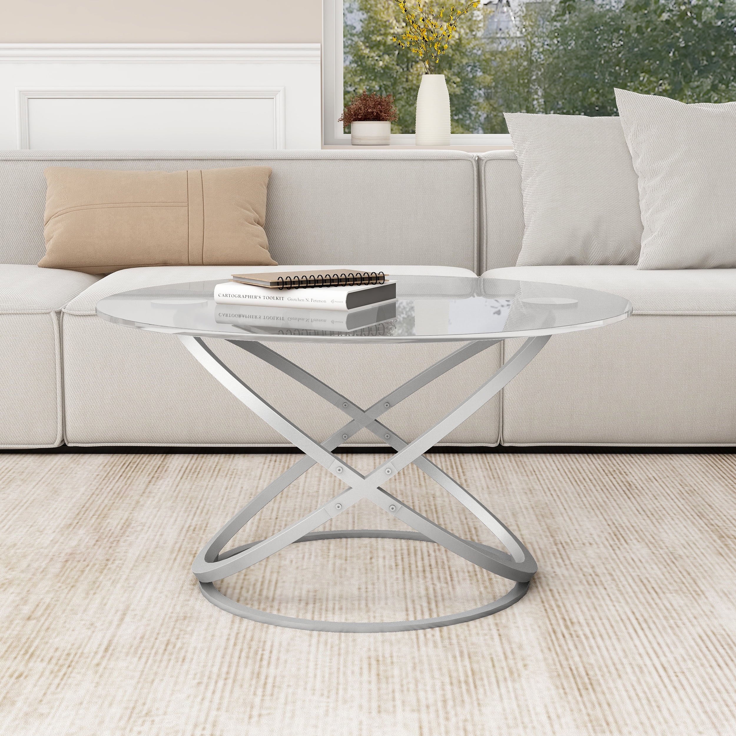 Alazyhome Modern Round Glass Silver Coffee Tables for Living Room