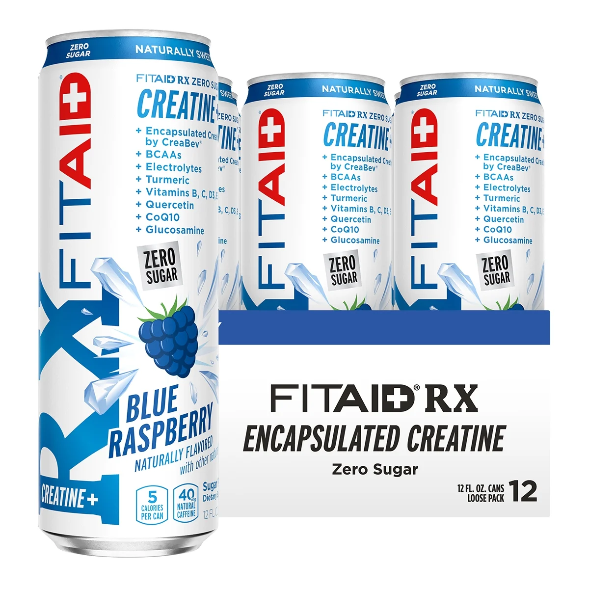 FITAID RX Zero Sugar, Encapsulated Creatine, Workout Recovery Drink, All-In-One Blend, BCAAs, Glucosamine, Turmeric, B-Complex, Naturally Sweetened, Blue Raspberry, 12 Fl Oz (Pack of 12)