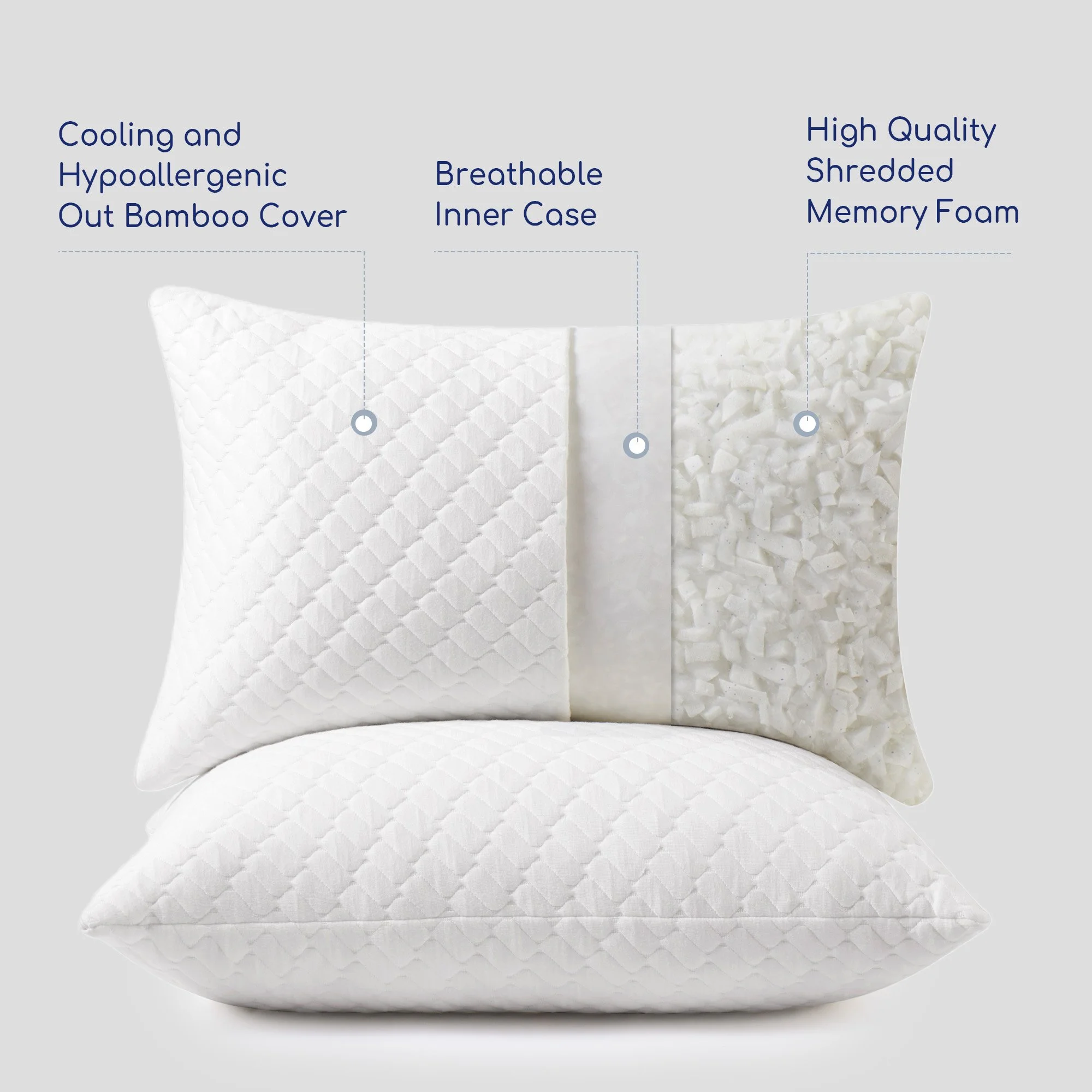 Shredded Memory Foam Adjustable Bed Pillows Extra Comfy Cooling Pillows Set of 2