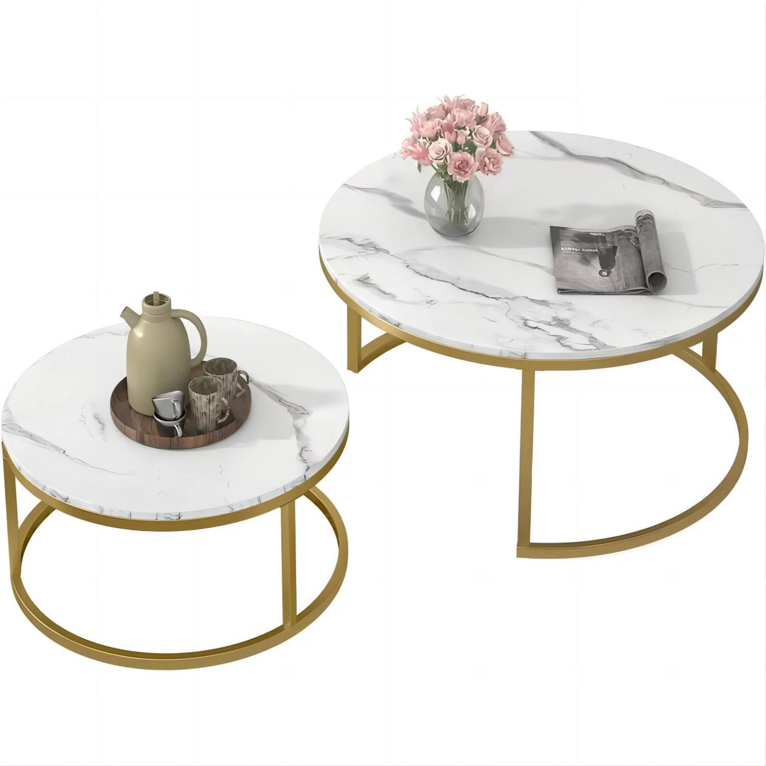 DEALTOPS Round Nesting Coffee Table, Set of 2 Modern Coffee Table with Faux Marble Top for Living Room, Apartment, Office - Gold