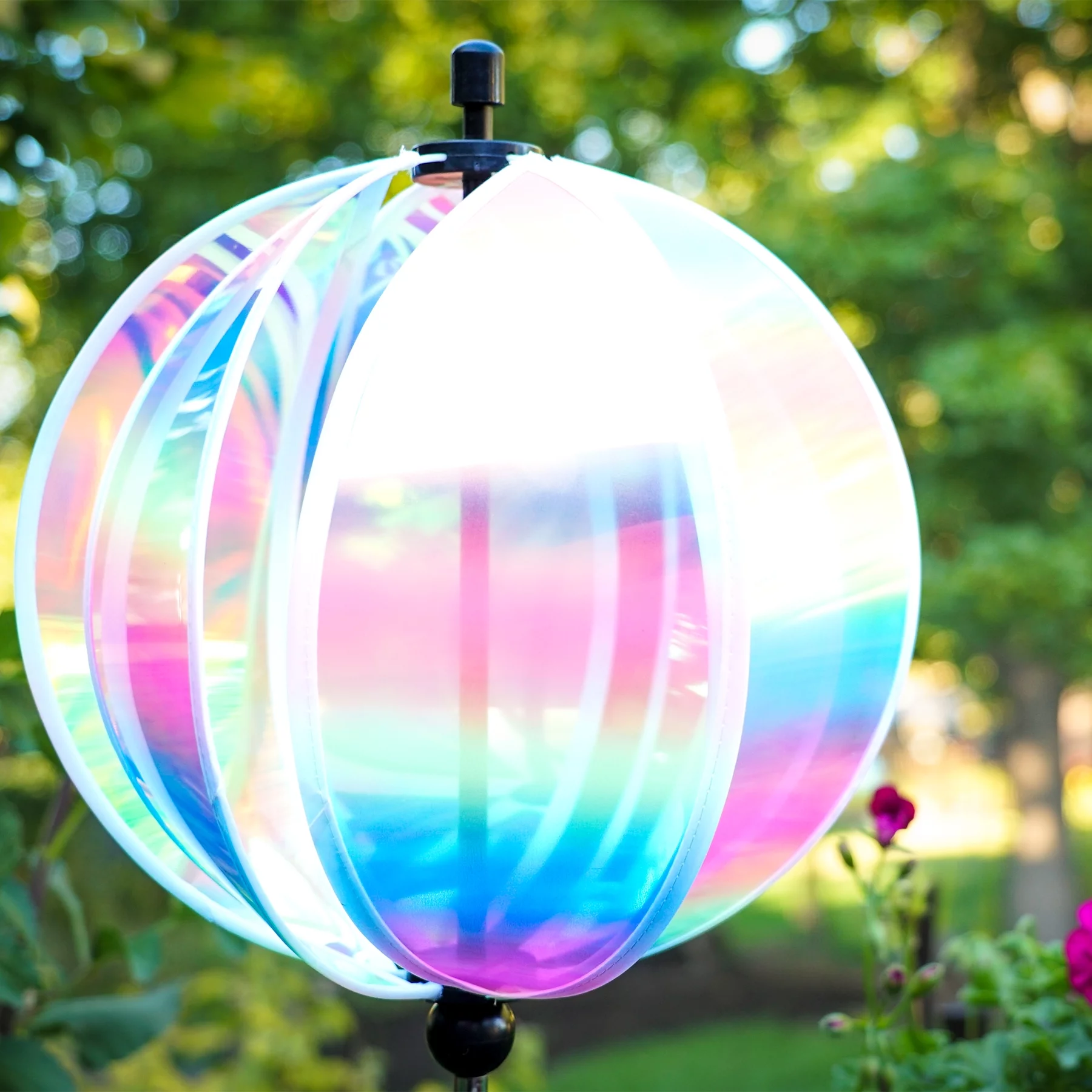 In the Breeze 2634 — 11-Inch Striped Iridescent Gazing Ball — Vibrant Garden Ball Wind Spinner
