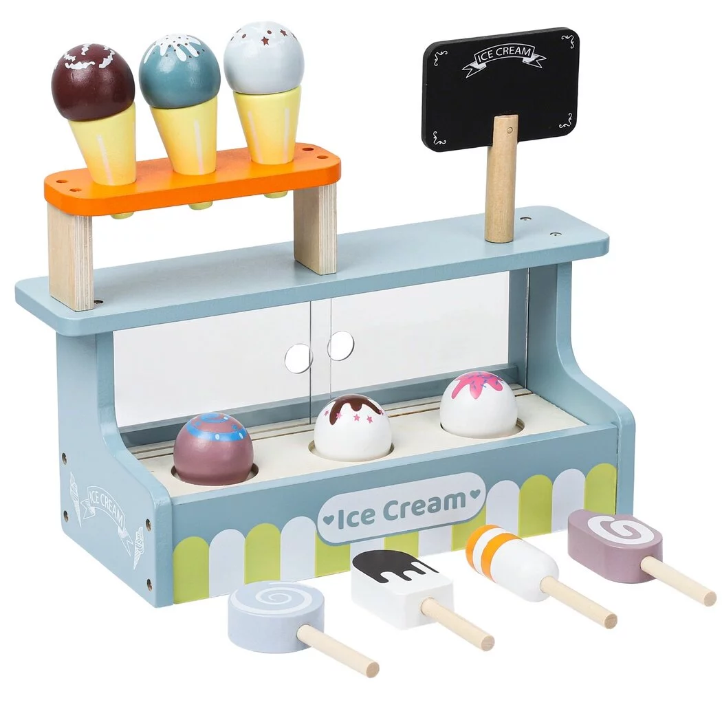 Wooden Ice Cream Toy, Ice Cream Store Playset, Pretend Play Ice Cream Counter Toy with 6 Ice Cream Balls, Play Kitchen Accessories for Toddlers Kids Girls Boys Ages 3+