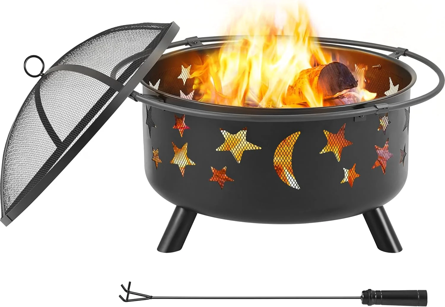 30 Inch Backyard Fire Pit Iron Brazier Wood Burning Coal with Sky Stars and Moons Pit Fire Bowl Stove for Outside Camping Patio Garden Black
