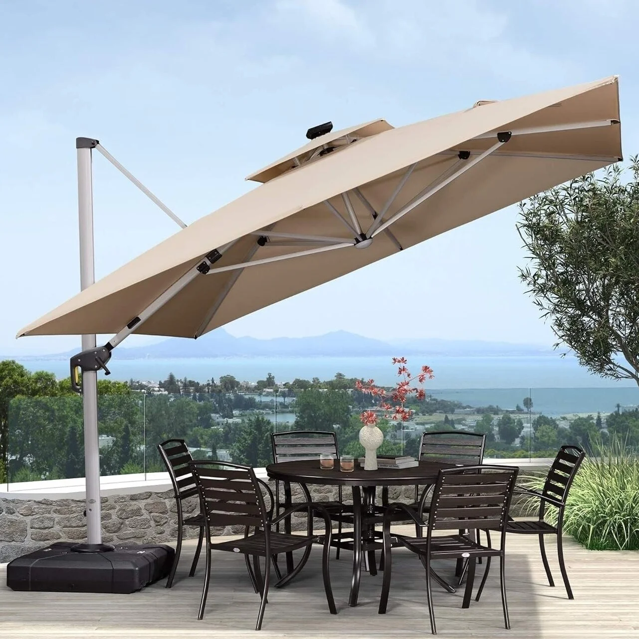 PURPLE LEAF  11 ft Double Top LED Square Patio Cantilever Umbrella with Base Grey