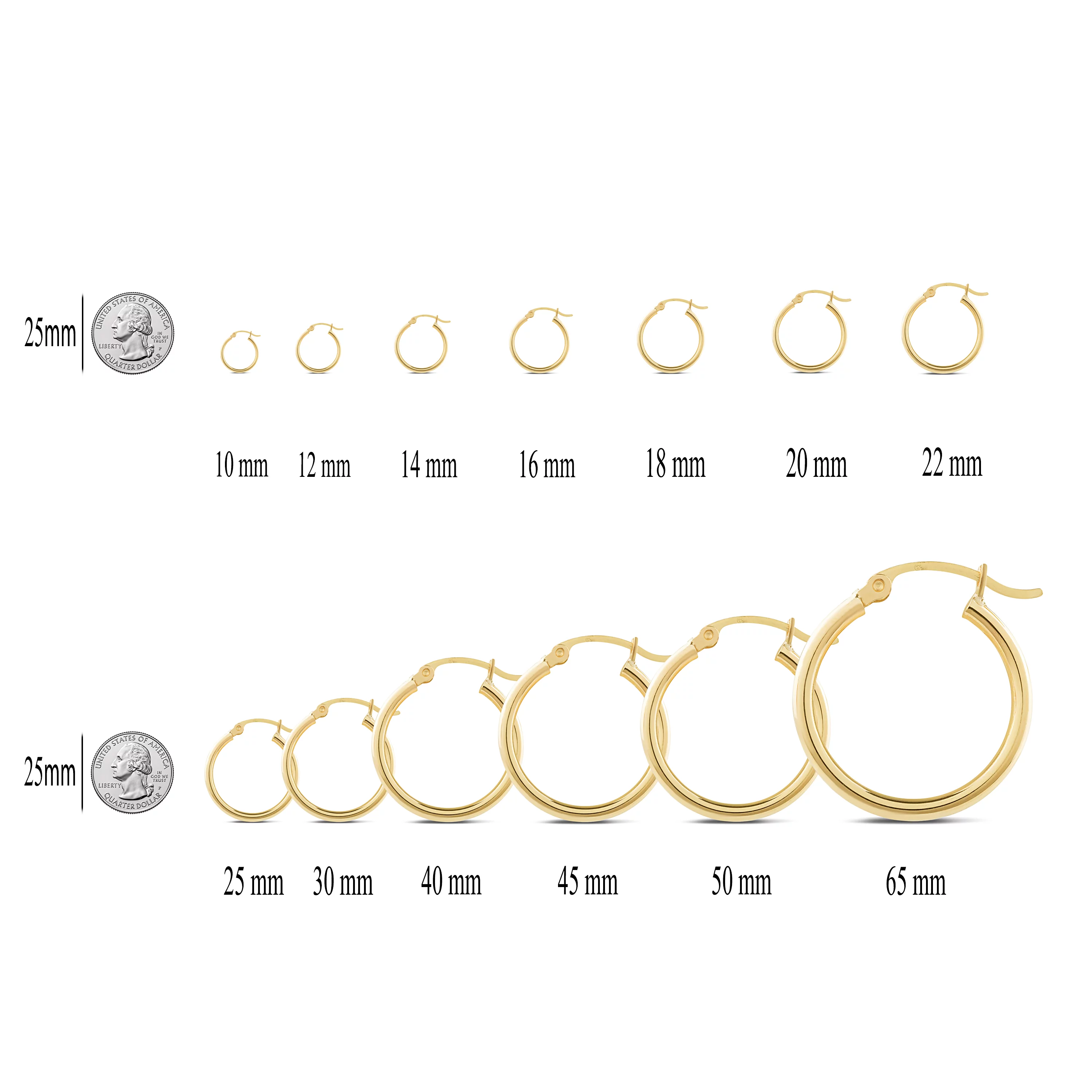 14K Yellow Gold Hinged 2mm Hoop Earrings, 18mm Diameter Polished Finish