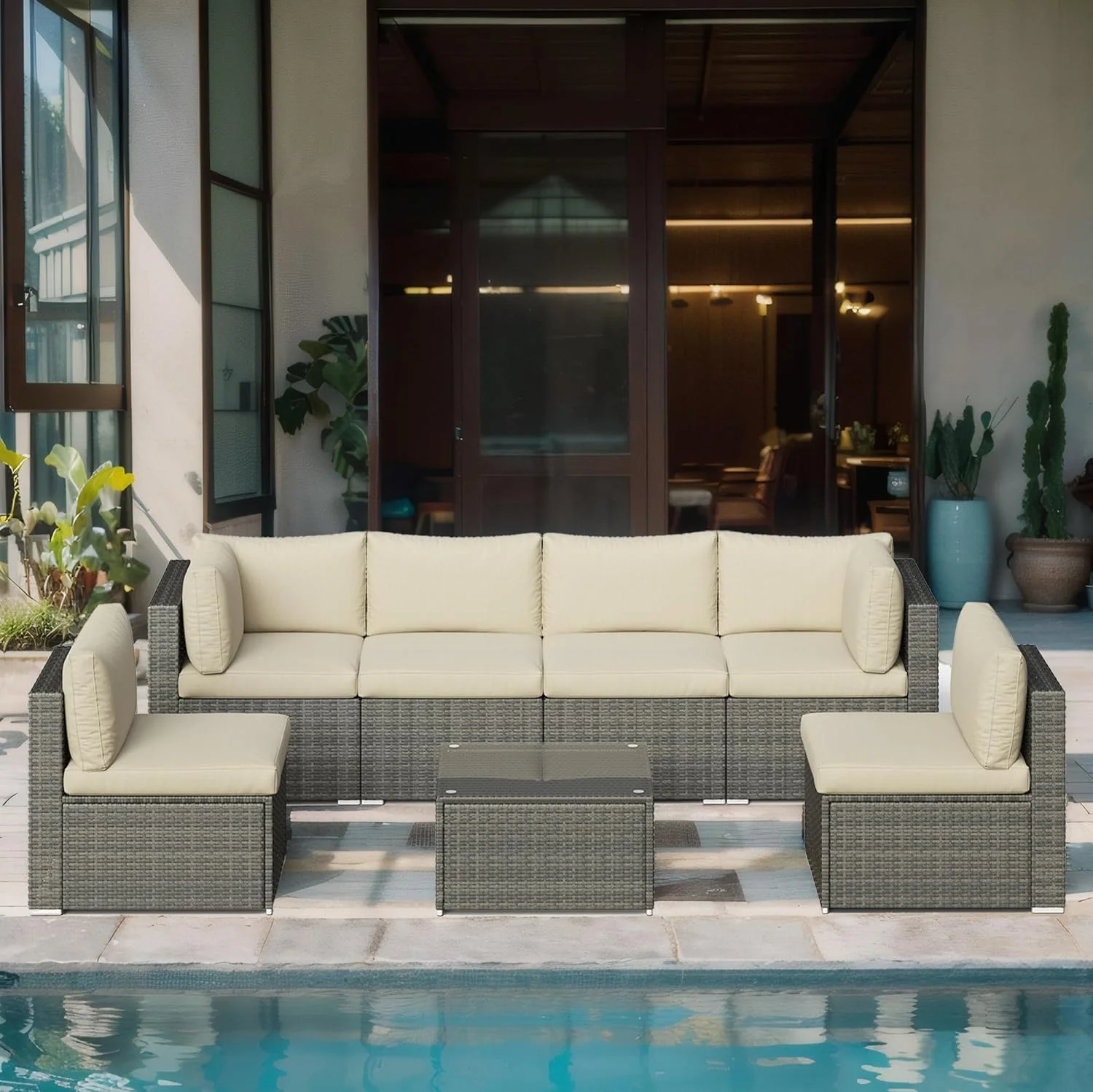 RoyalCraft 7-Piece Modular Patio Furniture Set, Wicker Outdoor Sectional Sofa with Cushions and Coffee Table, All Weather Patio Conversation Sets for Porch Balcony Backyard, Beige
