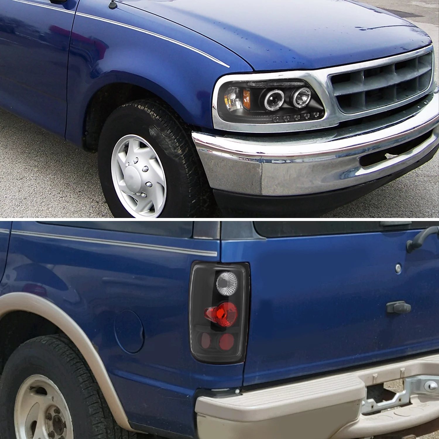 Spec-D Tuning Chrome R8 Style Halo Projector Headlights + LED Fog Bumper Lamps Compatible with Ford Expedition Left + Right Pair Headlamps Assembly