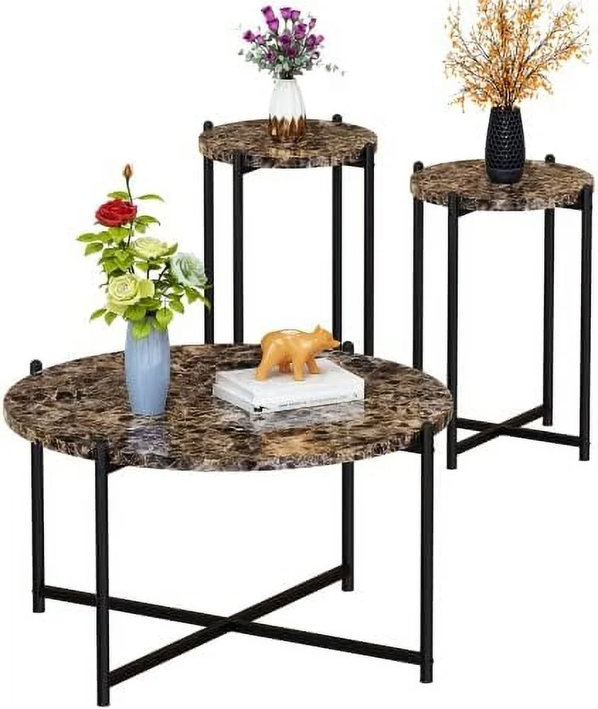 TQNJYGX Coffee Table Set of 3  Faux Marble Coffee Table & 2pcs End Table with Metal Frame Sofa Side Tables for Living Room  Office  Apartment
