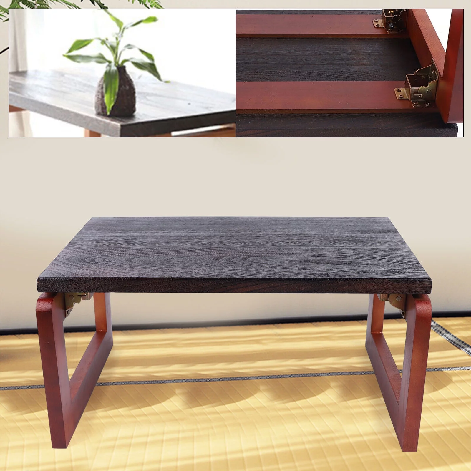 ZhdnBhnos Brown Wooden Folding Coffee Table Low Tea Table Portable Foldable Picnic Table Snack Breakfast Serving Table Laptop Desk
