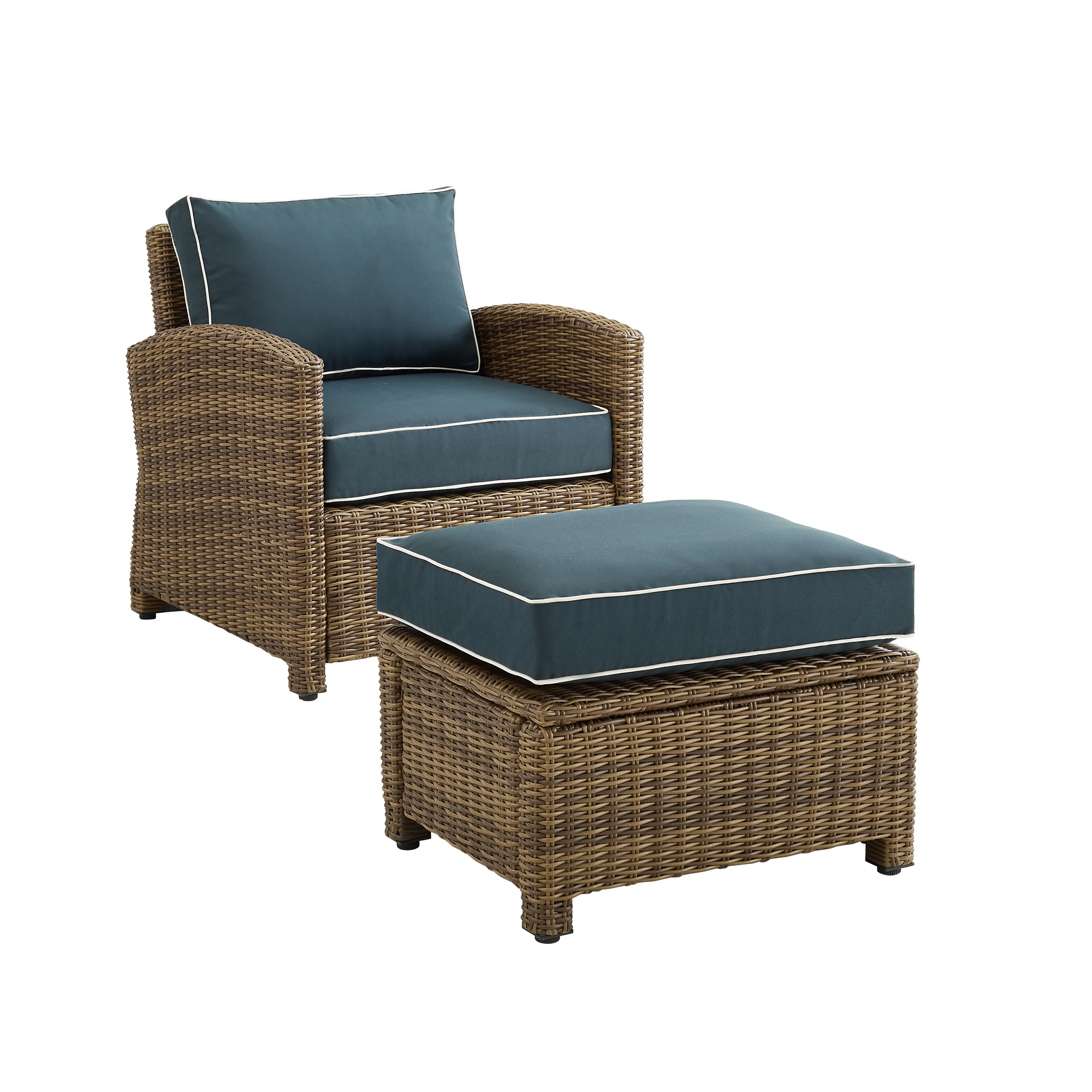 Crosley Furniture Bradenton 2PC Wicker / Rattan Armchair & Ottoman in Navy/Brown