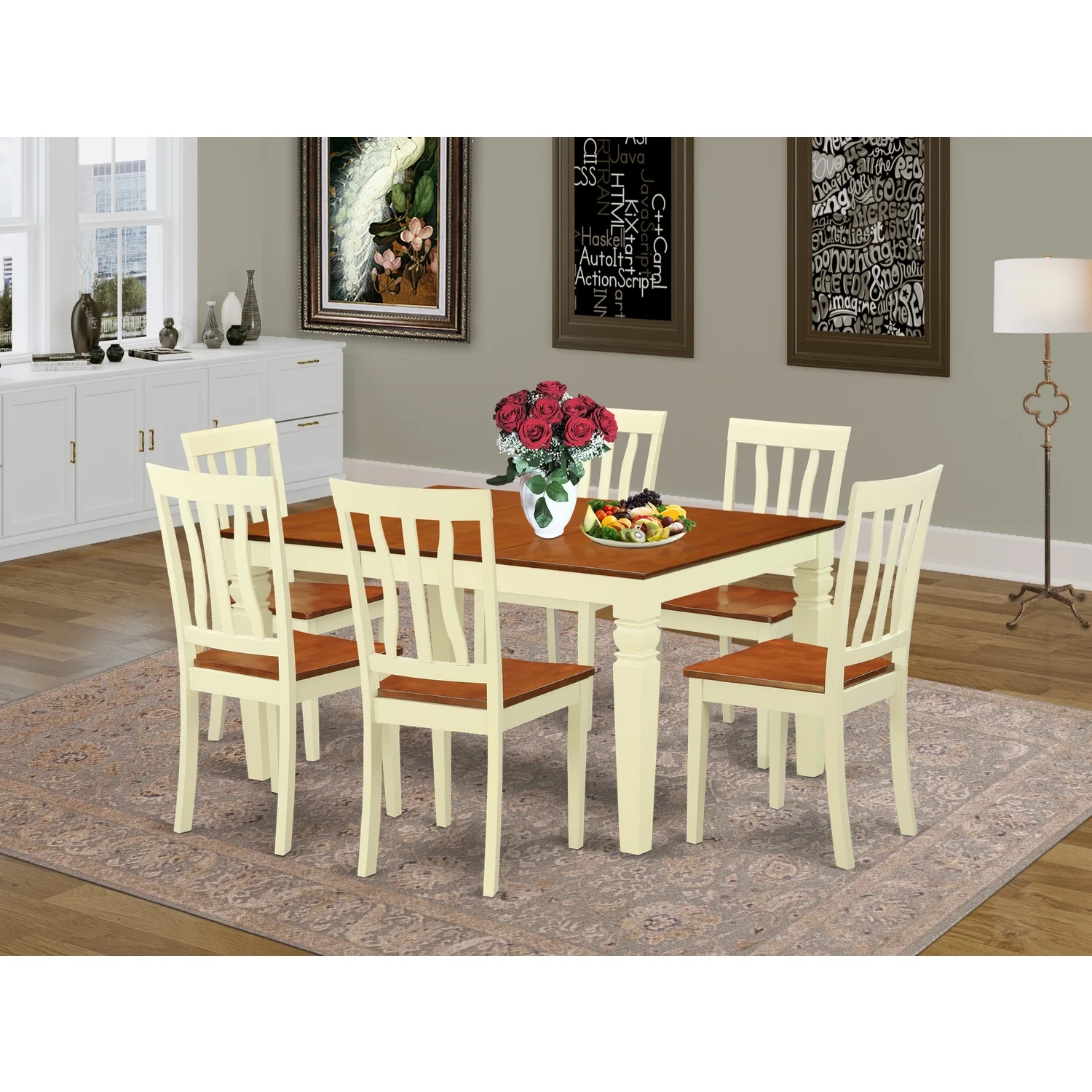 East West Furniture Weston 7-piece Wood Dining Set in Buttermilk/Cherry