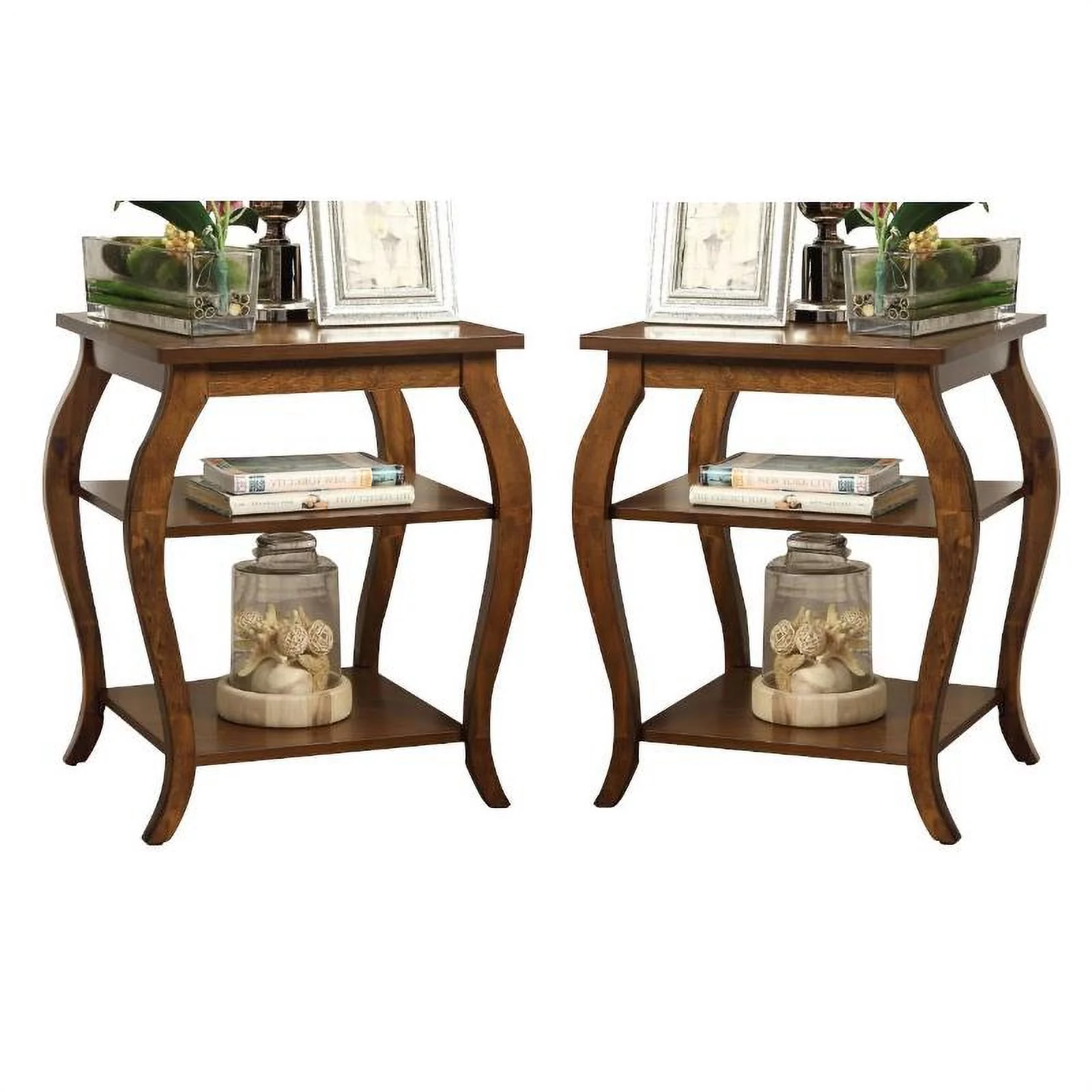 Home Square 2-Piece Furniture 2-Shelves Wood End Table Set in Walnut