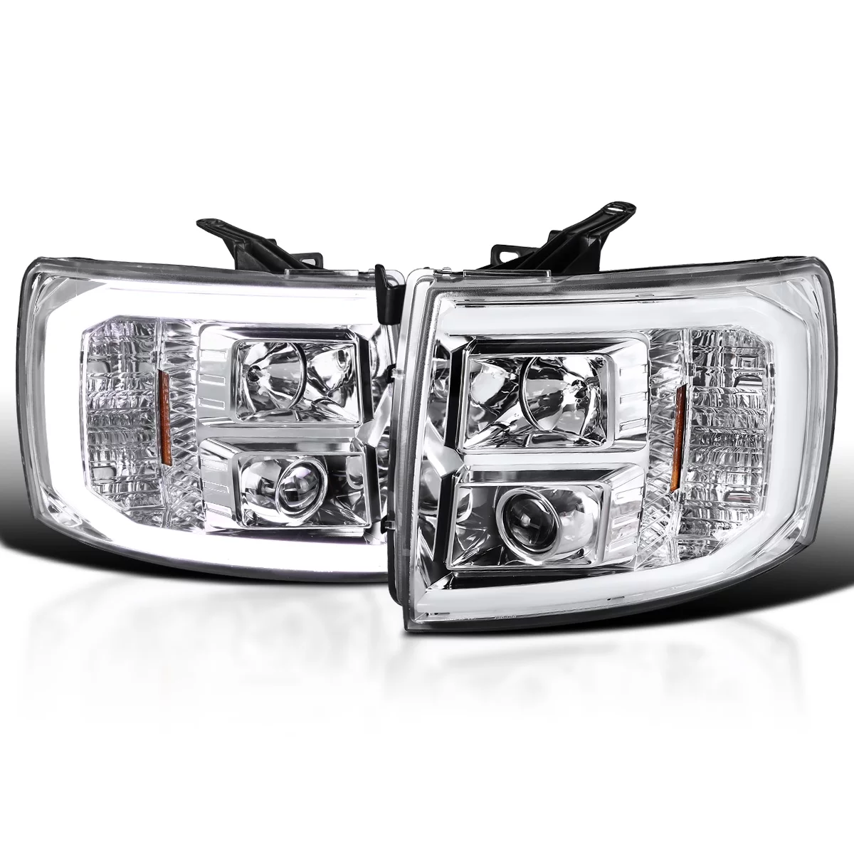 Spec-D Tuning LED Light Bar Chrome Housing Clear Lens Projector Headlights Lamps Compatible with 2007-2013 Chevy Silverado 1500, Left + Right Pair Headlamps Assembly