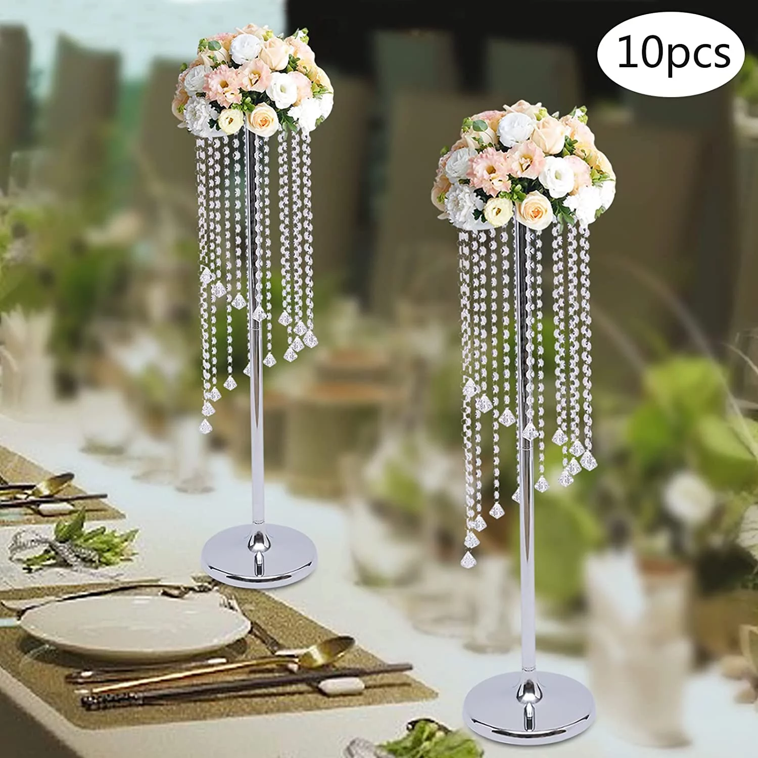 MONIPA 10 Pcs Wedding Centerpieces Silver Crystal Flower Vase Metal Flowers Stand for Party Tables Decorations
