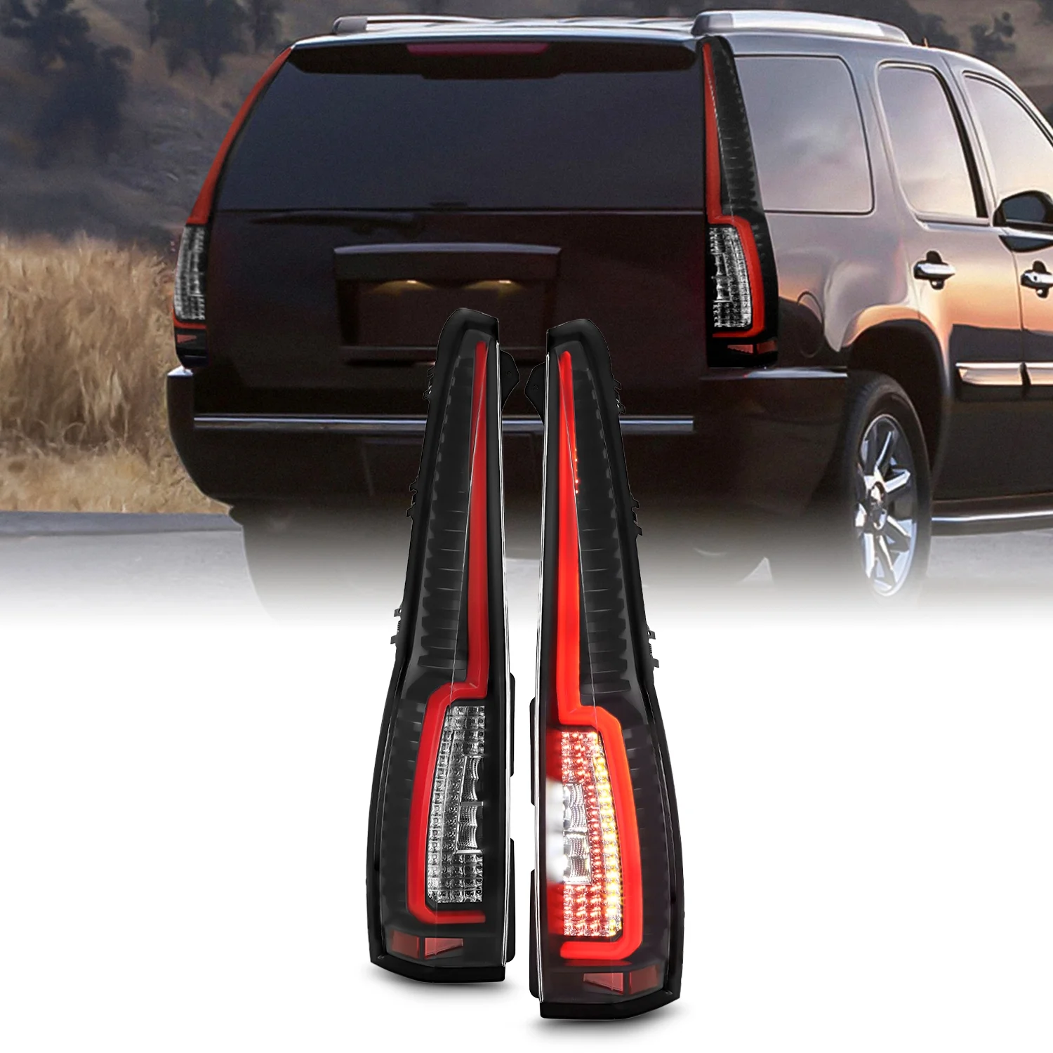 AKKON - Fits 2007-2014 Chevy Suburban Tahoe GMC Yukon XL 1500 2500 (Cadillac Escalade Style) LED Black Tail Lights Pair