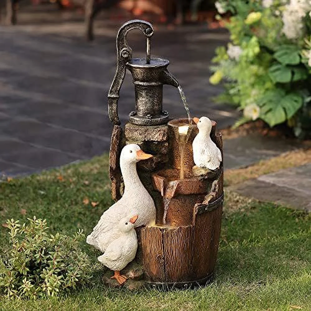 Farmhouse Pump And Family Resin Outdoor Patio & Garden Fountain With Lights