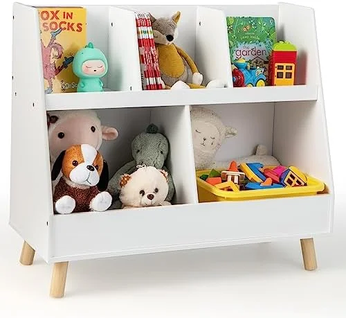 HBBOOMLIFE Toy Organizers and  with Bookshelf  5 Cubbies Wooden Toy Cabinet and Montessori Bookcase with Solid Legs  Freestanding Display Toy  for  Room  Playroom  Bedroom  Nursery