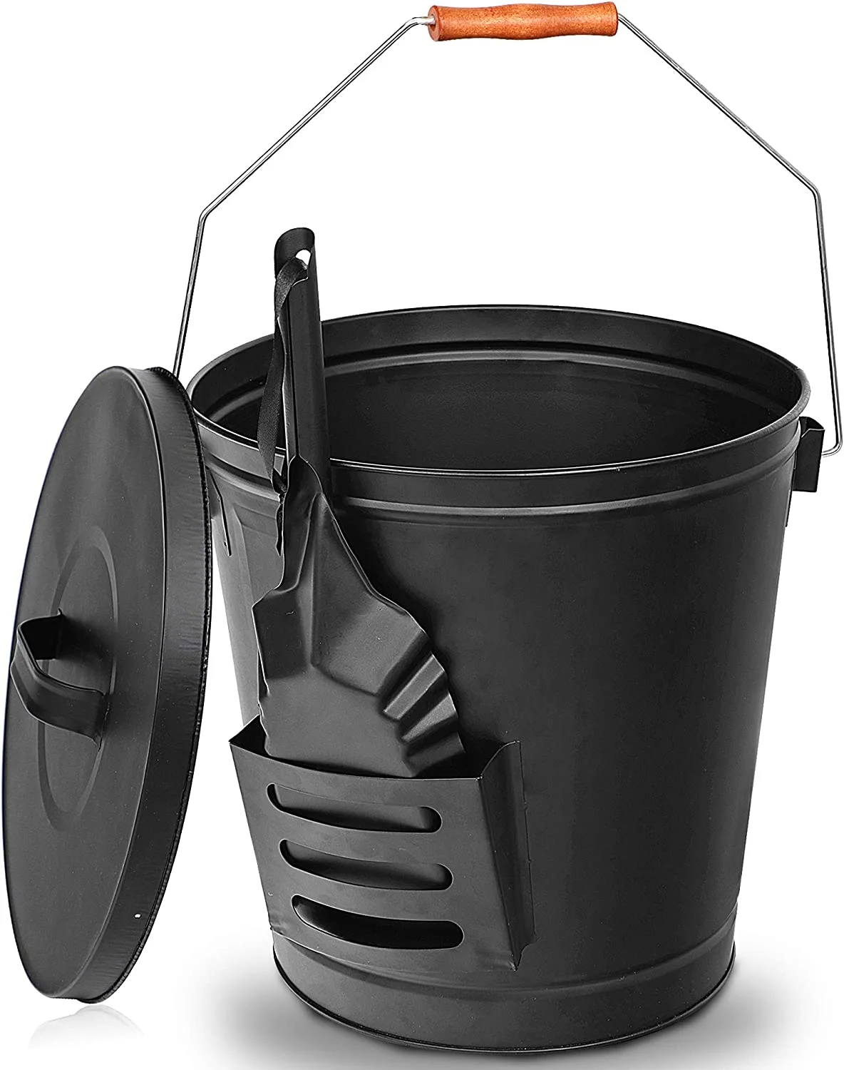 JupiterForce Ash Bucket with Lid and Shovel, 5.15 Gallon Large Galvanized Metal Hot Coal Wood Ash Carrier Pail for Fireplace, Fire Pits, Wood Burning Stoves, Grill, Outdoor Camping, Black