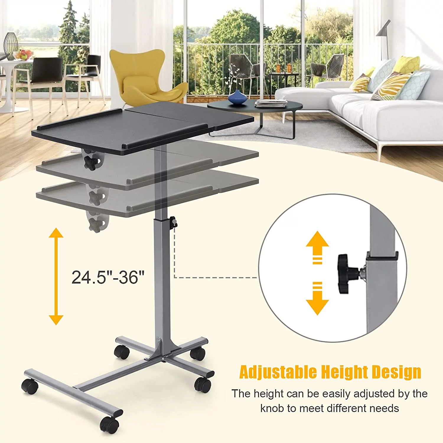Overbed Laptop Desk, Mobile Laptop Stand with Tilting Tabletop, Rolling Height Adjustable Bedside Table with Mouse Pad Cup Holder