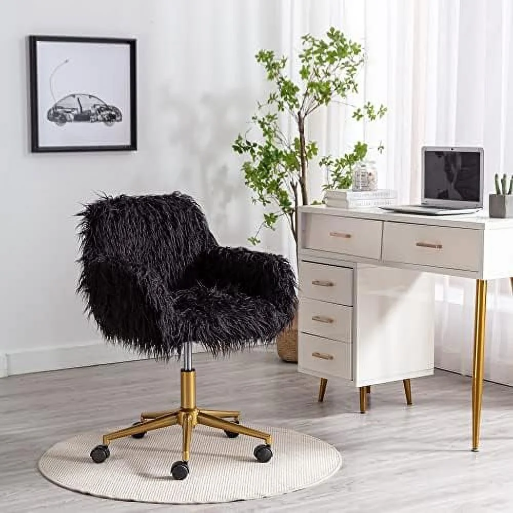 GVJMTKP Fluffy Desk Chair  Faux Fur Furry Home Office Chair  Fuzzy Modern Swivel Armchair with Wheels  Height Adjustable Sturdy Silver Base for Girls Teens Vanity  Dressing Room  Bedroom