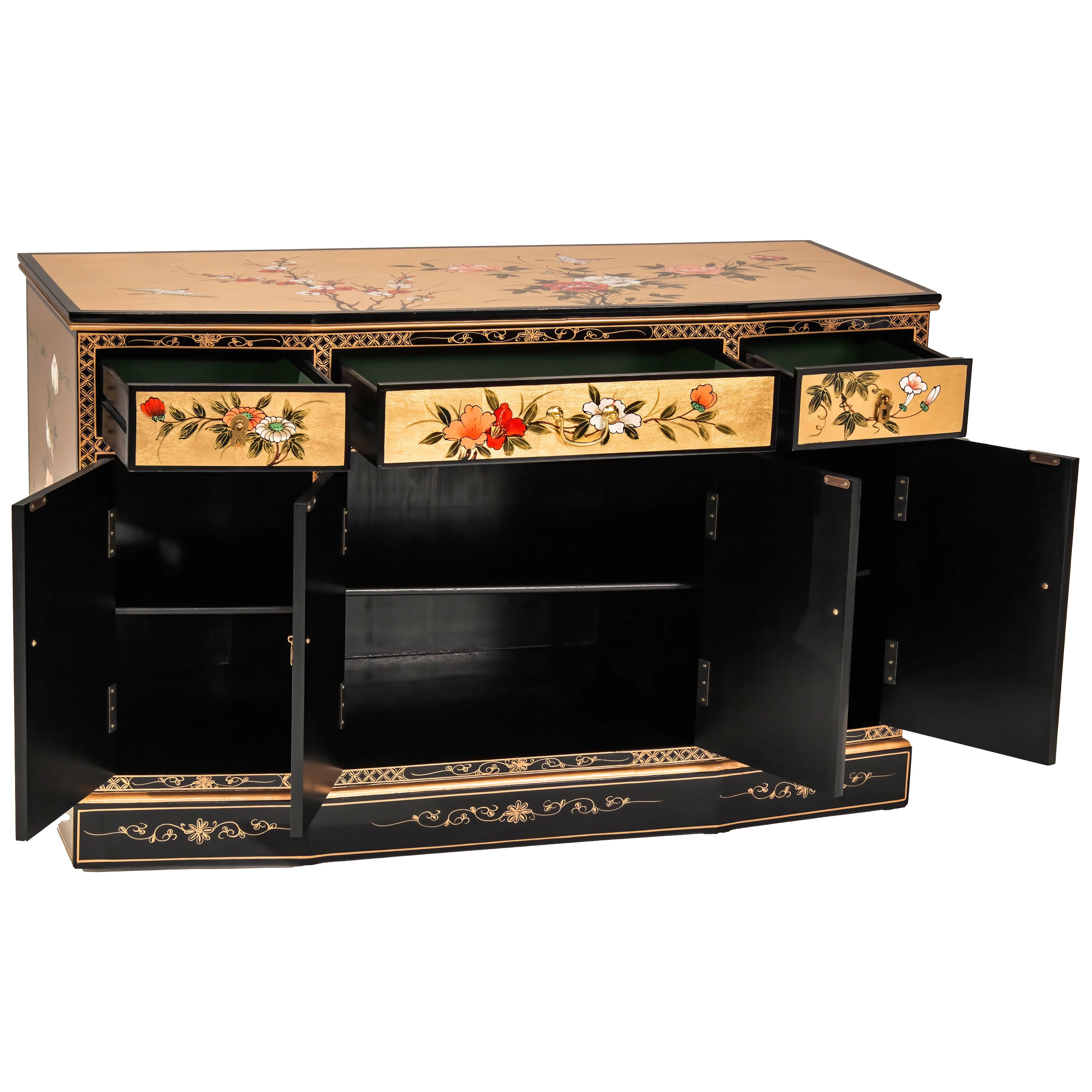 Oriental Furniture Gold Lacquer Slant Sideboard - Birds and Flowers