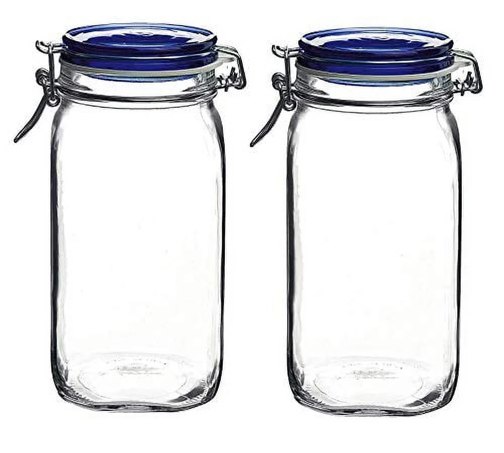 Bormioli Rocco Bormioli Rocco Set OF 2 Fido Square Jars With Blue Bail And Trigger Lids, 50-3/4-ounc, 50.75oz