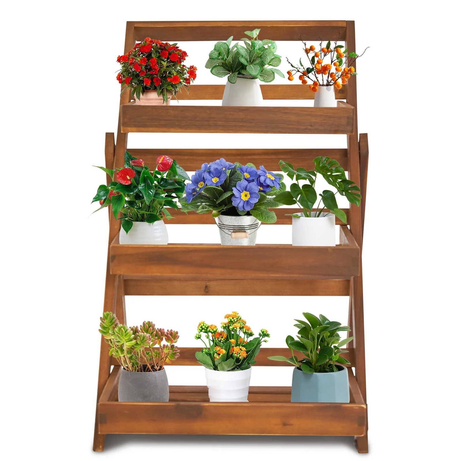 Acacia Wood Ladder Plant Stand, 3 Tier Foldable Flower Pot Display Shelf Rack for Indoor Outdoor Home Patio Lawn Garden Balcony Organizer Planter Holder (Brown