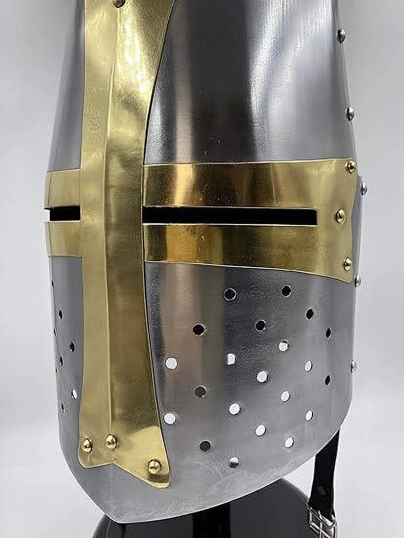 Brass Crusader Helmet | Medieval Metal Knight Helmets & Medieval Barbarian Armor Templar Viking 18” Iron Shield
