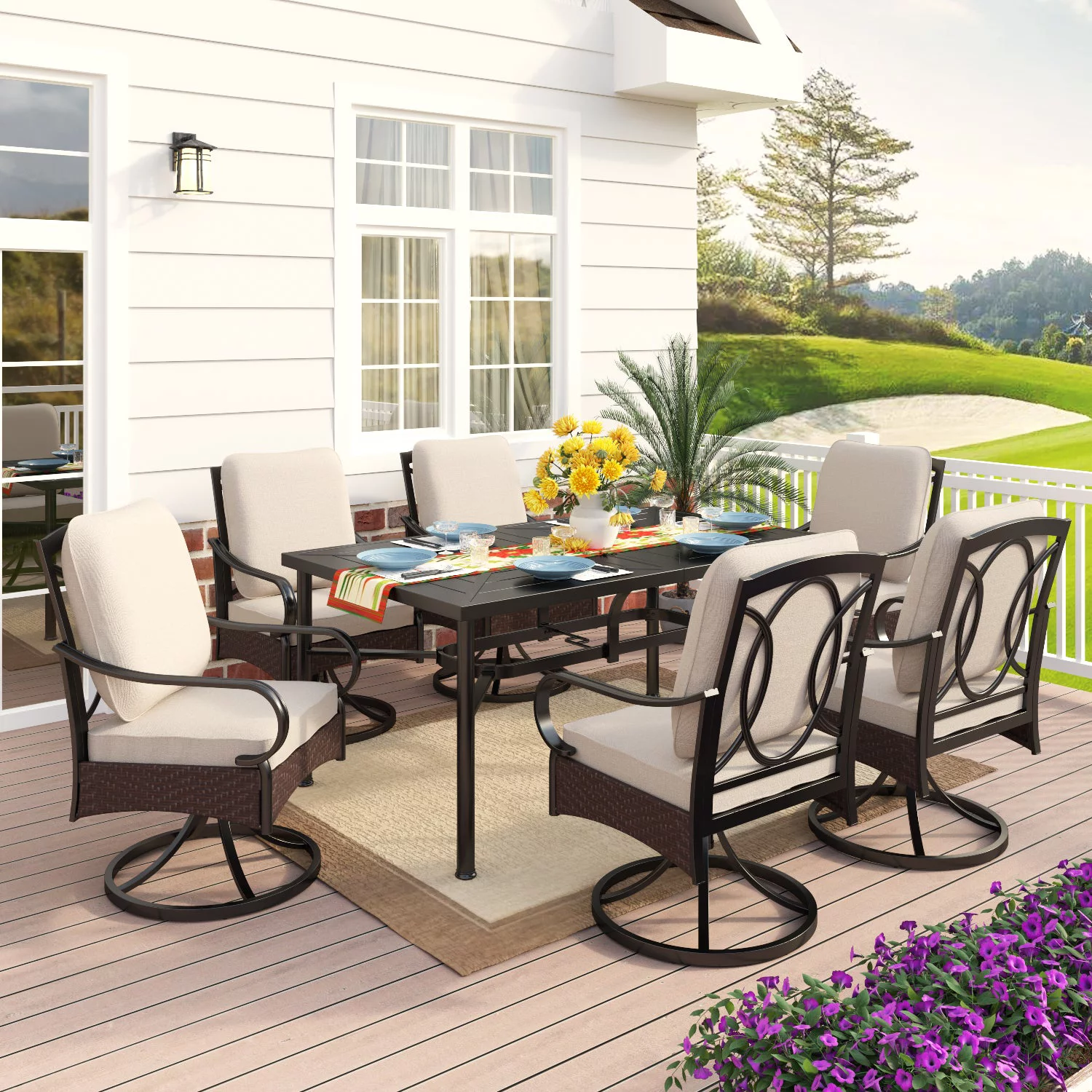 MF Studio Outdoor Patio Dining Set 7 Pieces, Outdoor Patio Metal Dining Furniture Set Swivel Chairs with Rattan Deco for Yard