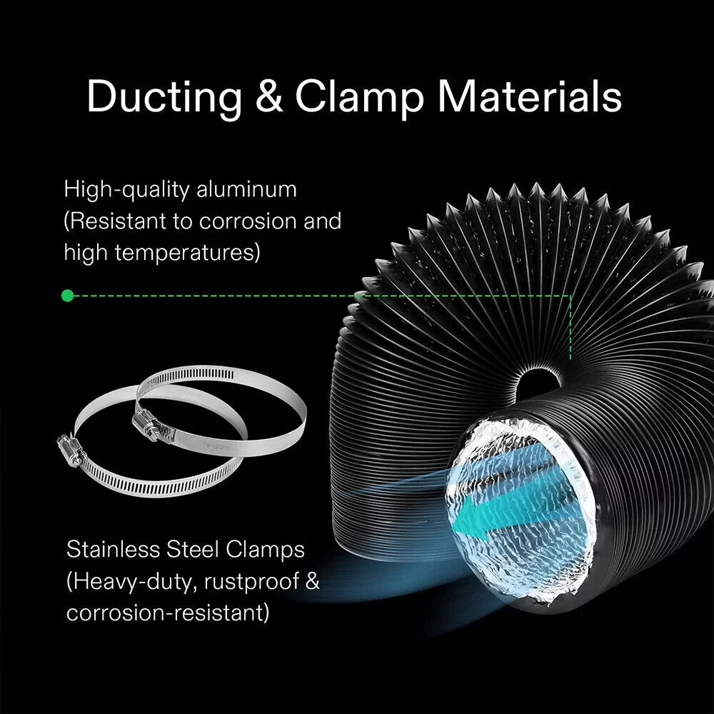 WSYW 6inchx10ft Aluminum Ducting Dryer Vent Hose for HVAC Ventilation with 2 Clamps Black
