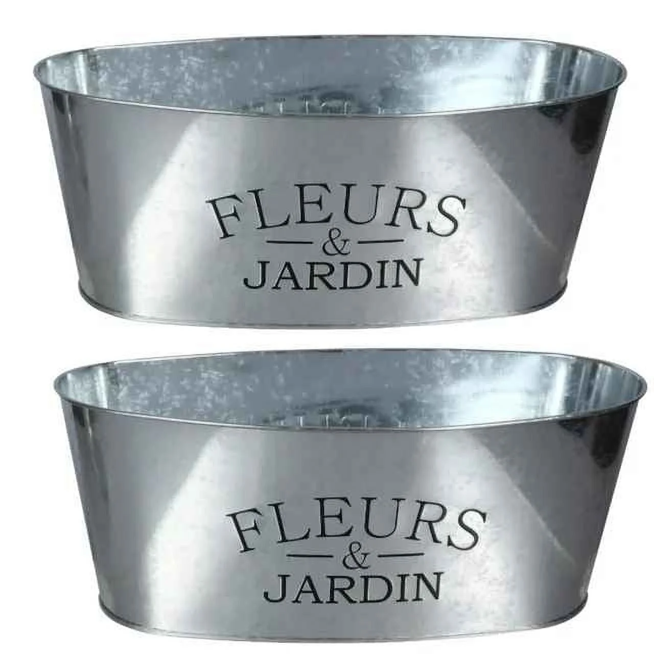 Galvanized Metal Oval-Shaped Planters Rustic Farmhouse ''Fleurs & Jardin'' Planter Pots for Home Indoor Outdoor Garden Decor Wedding House Warming DIY Succulent Gifts Set of 2