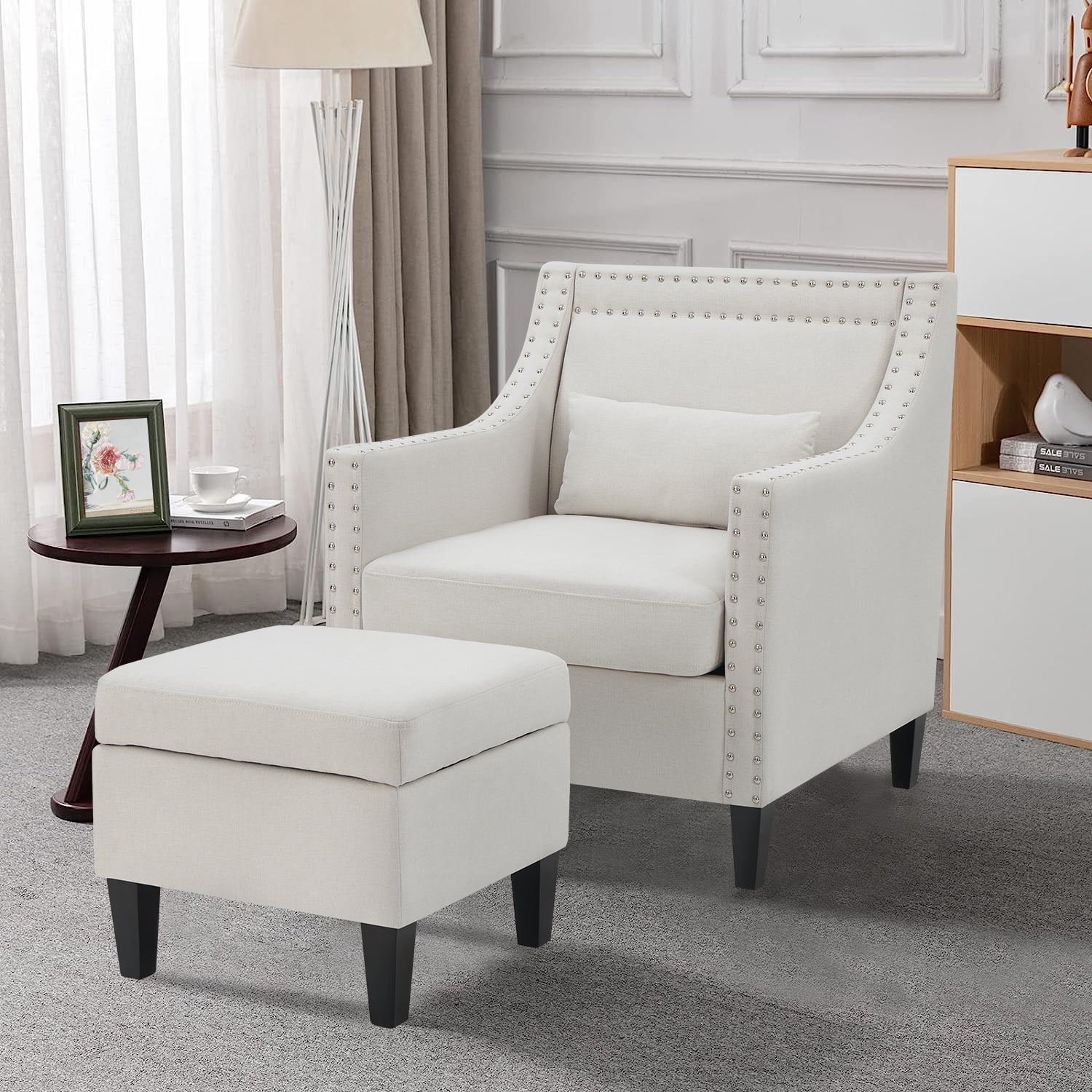 Kinmars Accent Chair with Ottoman Lumbar Pillow Set, Comfy Reading Armchair, Living Room, Home Office, Bedroom(Beige)