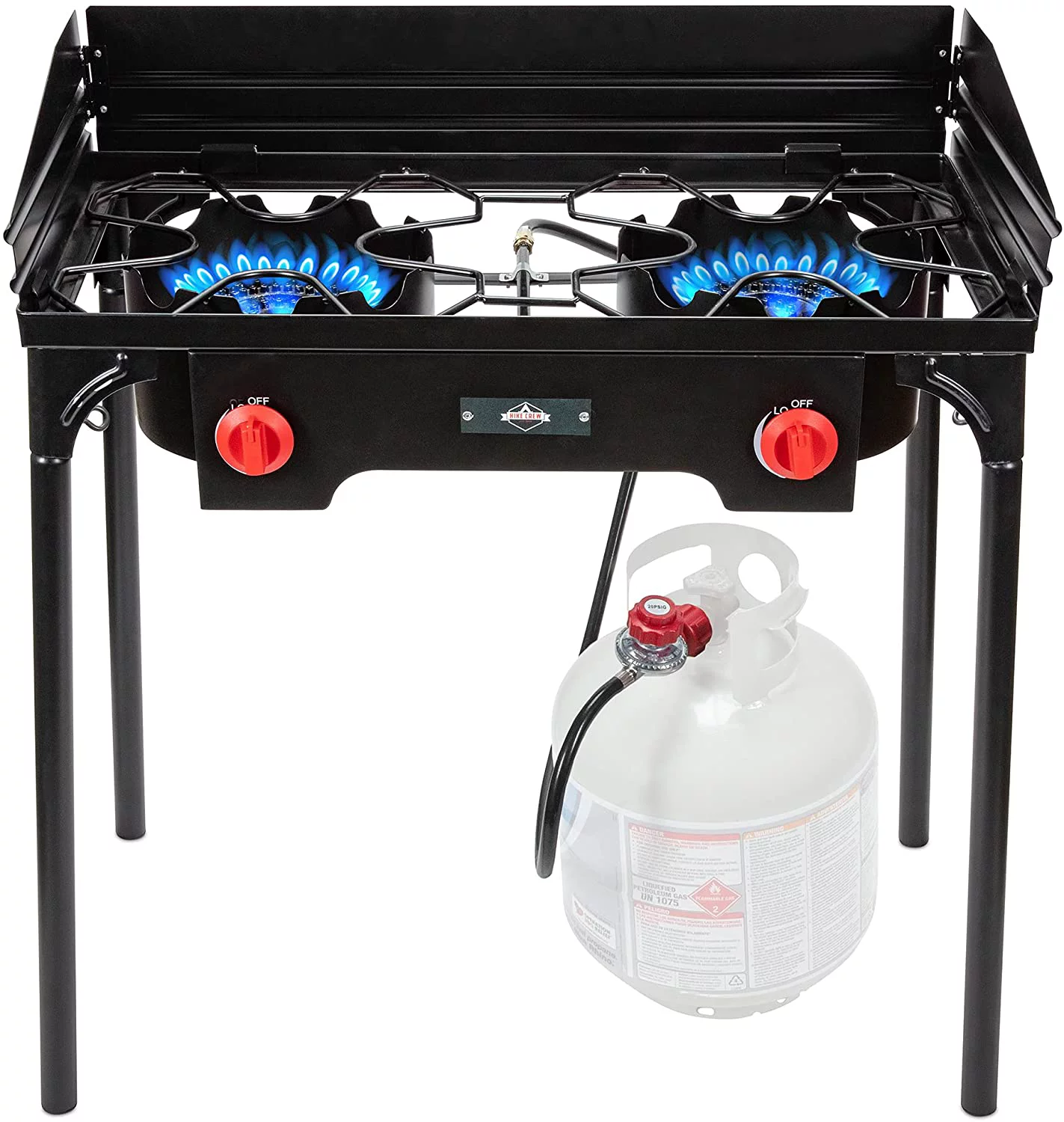 YANPO Cast Iron Double-Burner Outdoor Gas Stove | 150,000 BTU Portable Propane Cooktop w/Blue Flame Control, Removable Legs, Temperature Control Knobs, Wind Panel, Hose, Regulator & Storage Case