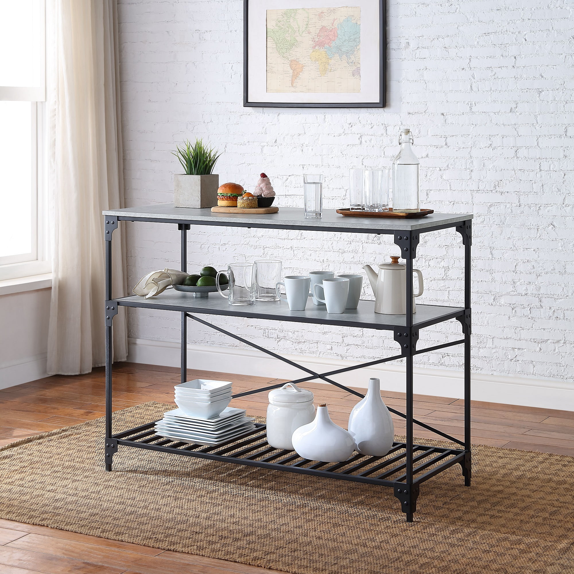 HUTWIFE Kitchen Island with 3 Shelves Kitchen Storage Shelf Kitchen Baker’s Rack with Large Worktop, Industrial Wood and Metal Coffee Bar Rack, Grey