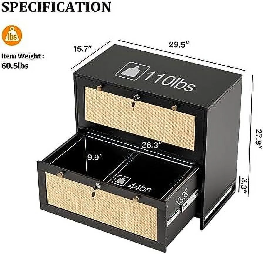 CKPFVY Wood Rattan 2-Drawer Lateral File Cabinet with Lock for Home Office  Lockable Filing Cabinet with Rustic Metal Handles for Hanging Letter/A4/Legal Size Labeled Folders  Oak  30W x
