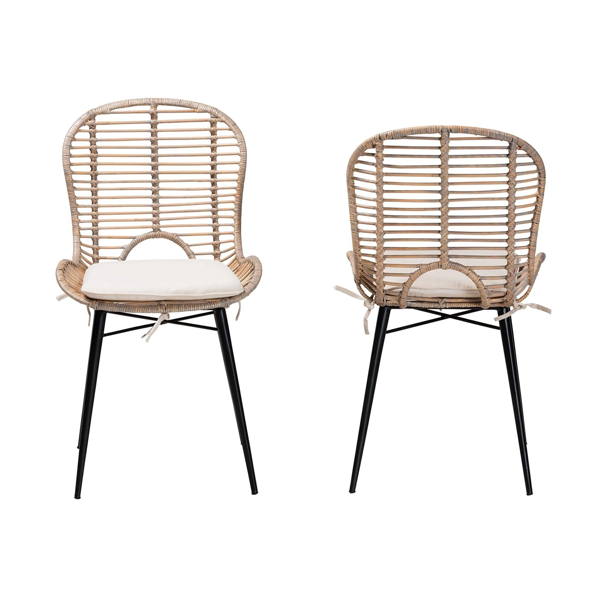 bali & pari Brenna Modern Bohemian Rattan and Metal 2-Piece Dining Chair Set Black