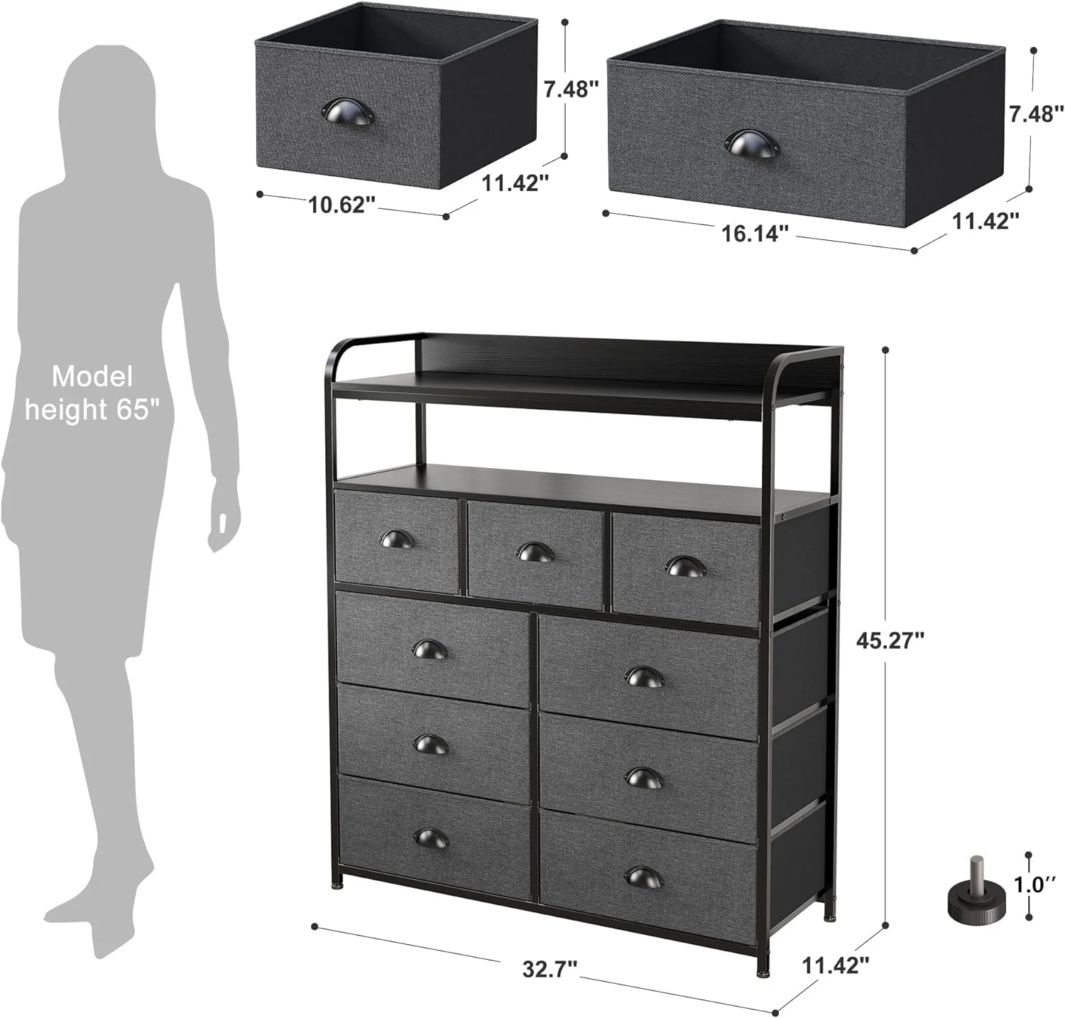 Dresser for Bedroom, Chest of Drawers for Bedroom,Tall Dresser with 9 Drawer Dresser,Fabric Dresser for Closet with Wood Top for Living Room,Entryway,2 Shelves,Metal Frame