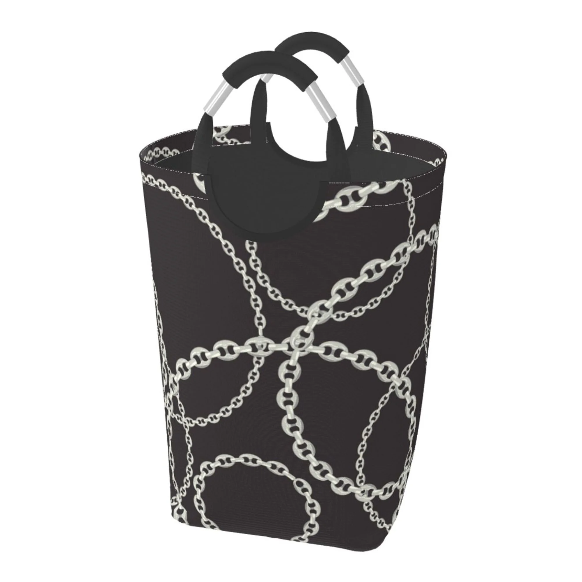 TEQUAN 50L Large Rectangular Laundry Hamper with Aluminum Handles, Fashion Silver Chains Texture Prints Waterproof Foldable Dirty Clothes Basket