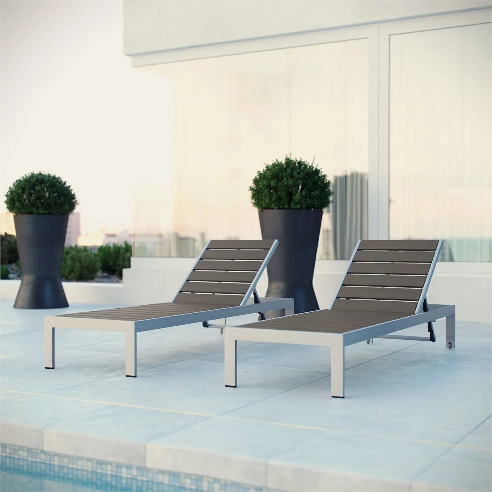 Pemberly Row Aluminum Patio Chaise Lounge Chair in Silver/Gray (Set of 2)