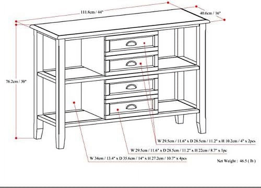 SQRTYBV Burlington SOLID WOOD 44 inch Wide Transitional Console Sofa Entryway Table in Mahogany Brown with   3 Drawers and 4 Shelves  for the Living Room  Entryway and Bedroom