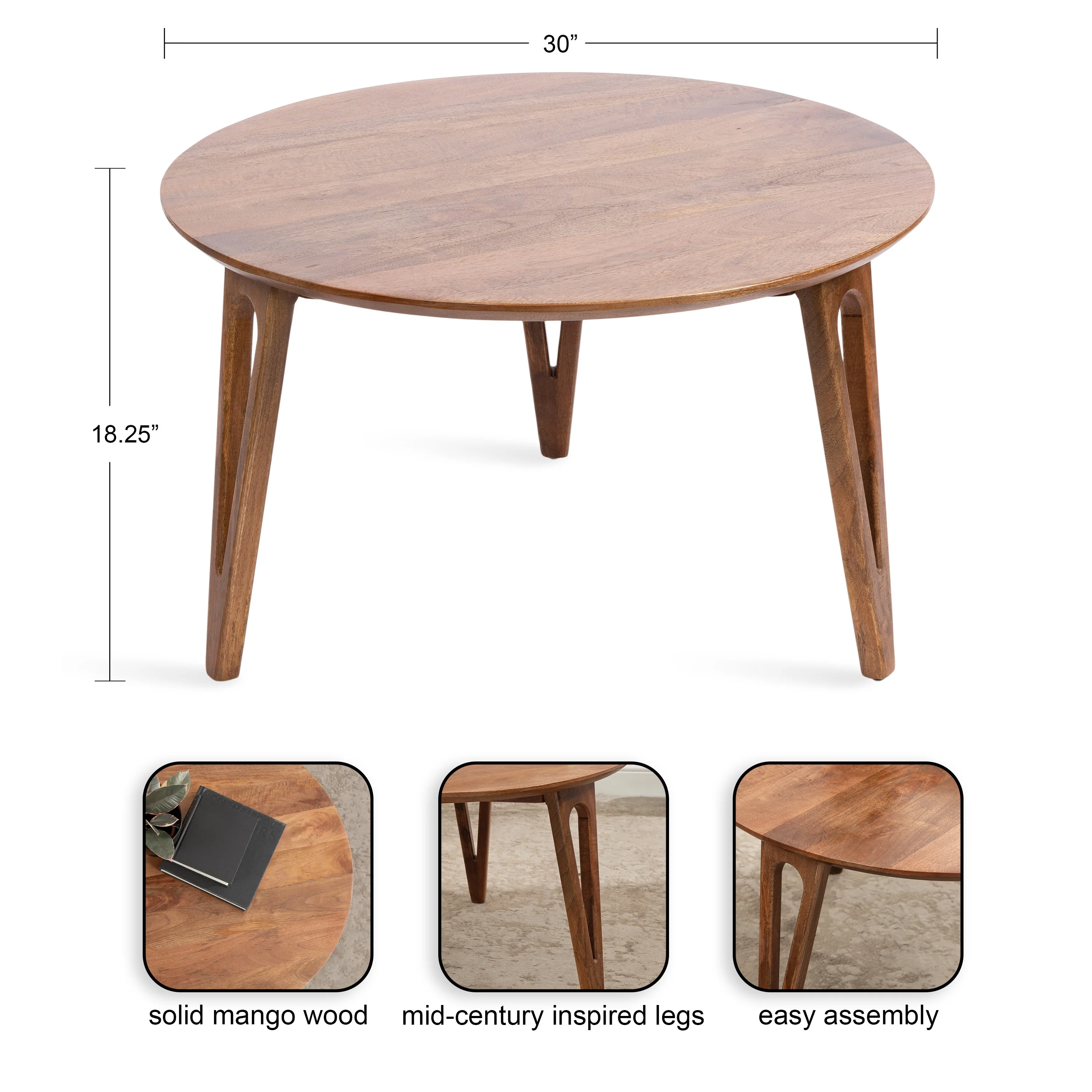 Kate and Laurel Kershaw Mid-Century Modern Round Coffee Table, 30 x 30 x 19, Walnut Brown, Transitional Circle Living Room Table with Solid Mango Wood Construction and Tapered Hairpin Legs