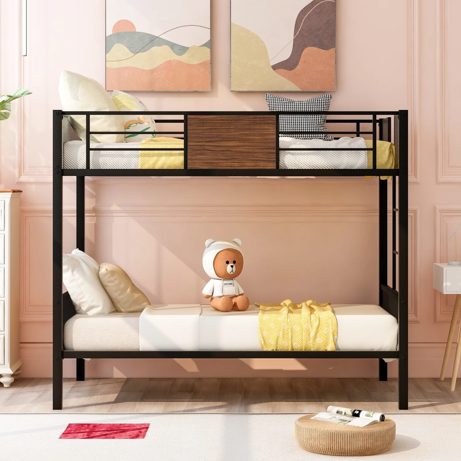 Stylish modern twin-over-twin bunk bed with sturdy steel frame  convenient safety rail  and built-in ladder for bedroom or dorm use  suitable for boys  girls  and adults (OLD SKU MF190839