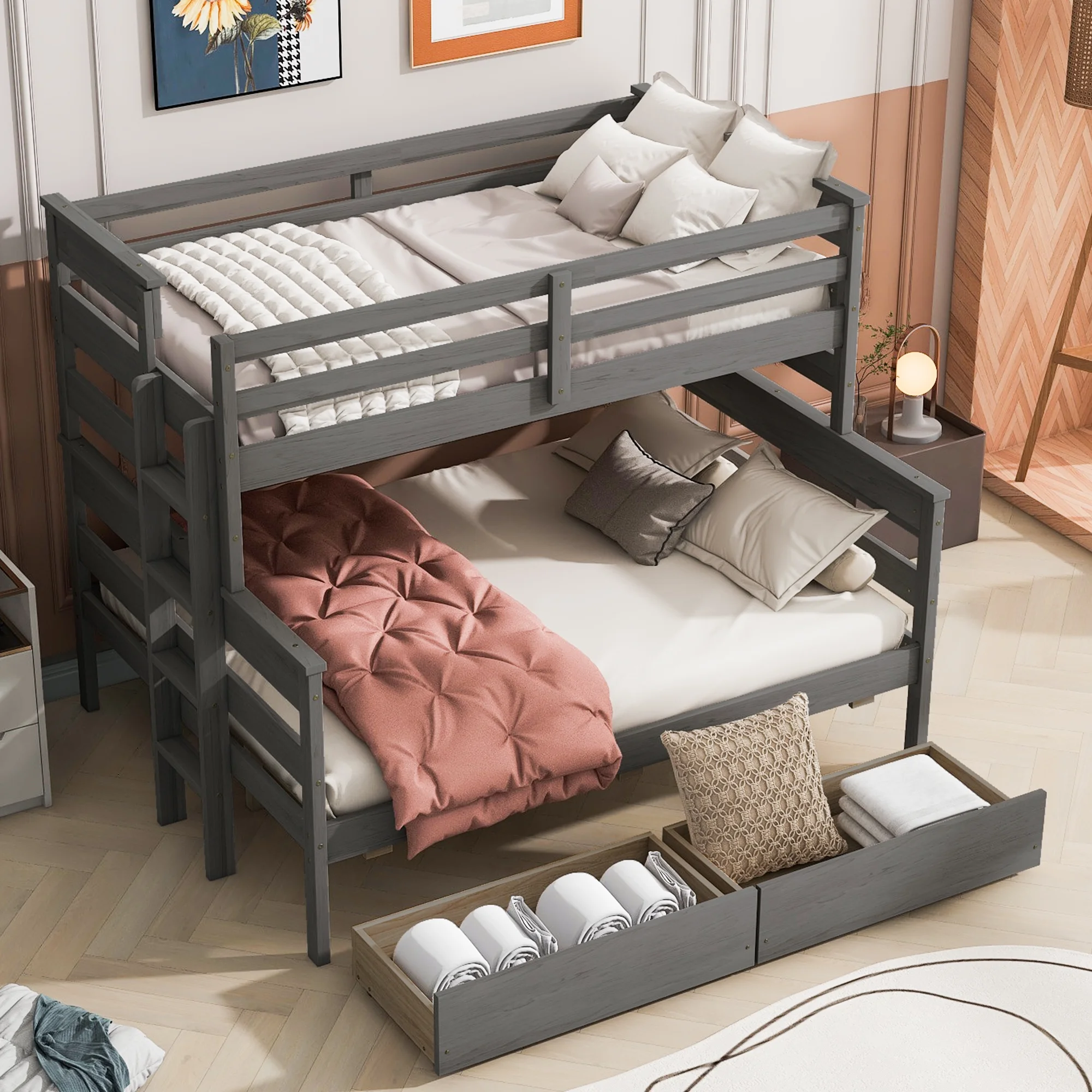 Homiyad Wood Twin Over Full Bunk Bed with 2 Drawers, Gray