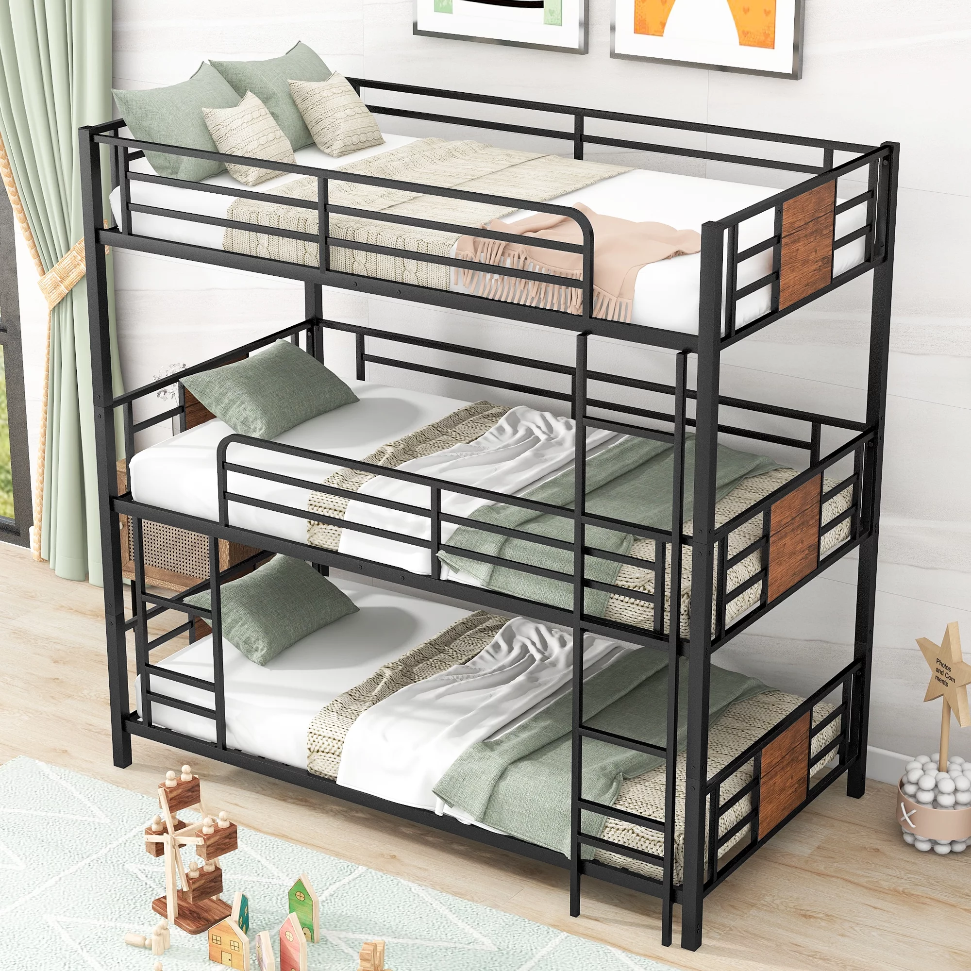Euroco Metal Twin over Twin over Twin Bunk Bed for Kids, Brown