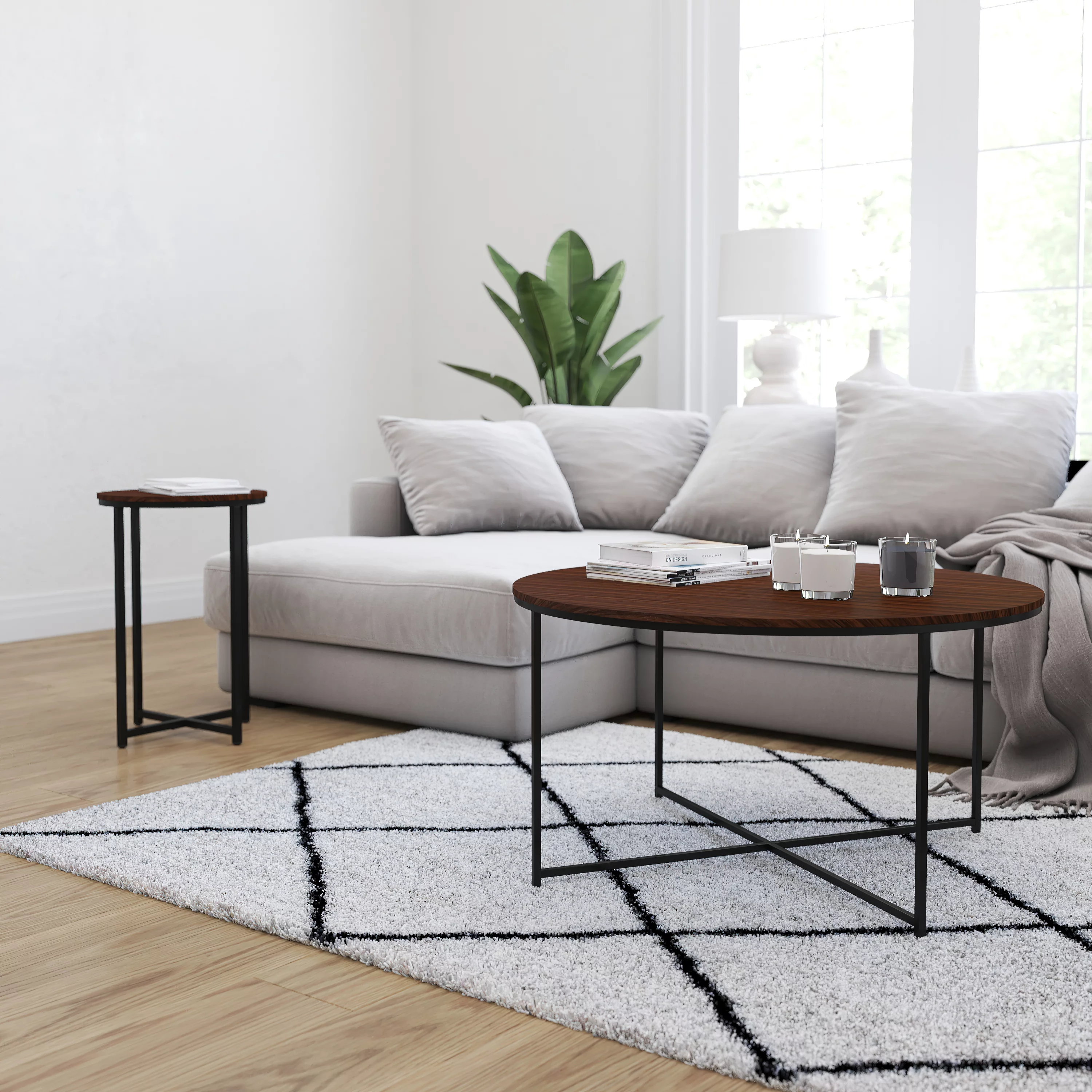 Merrick Lane Round Coffee Table Set - 3 Piece Walnut Coffee Table Set with Matte Black Crisscross Frame - Coffee Table & 2 End Tables