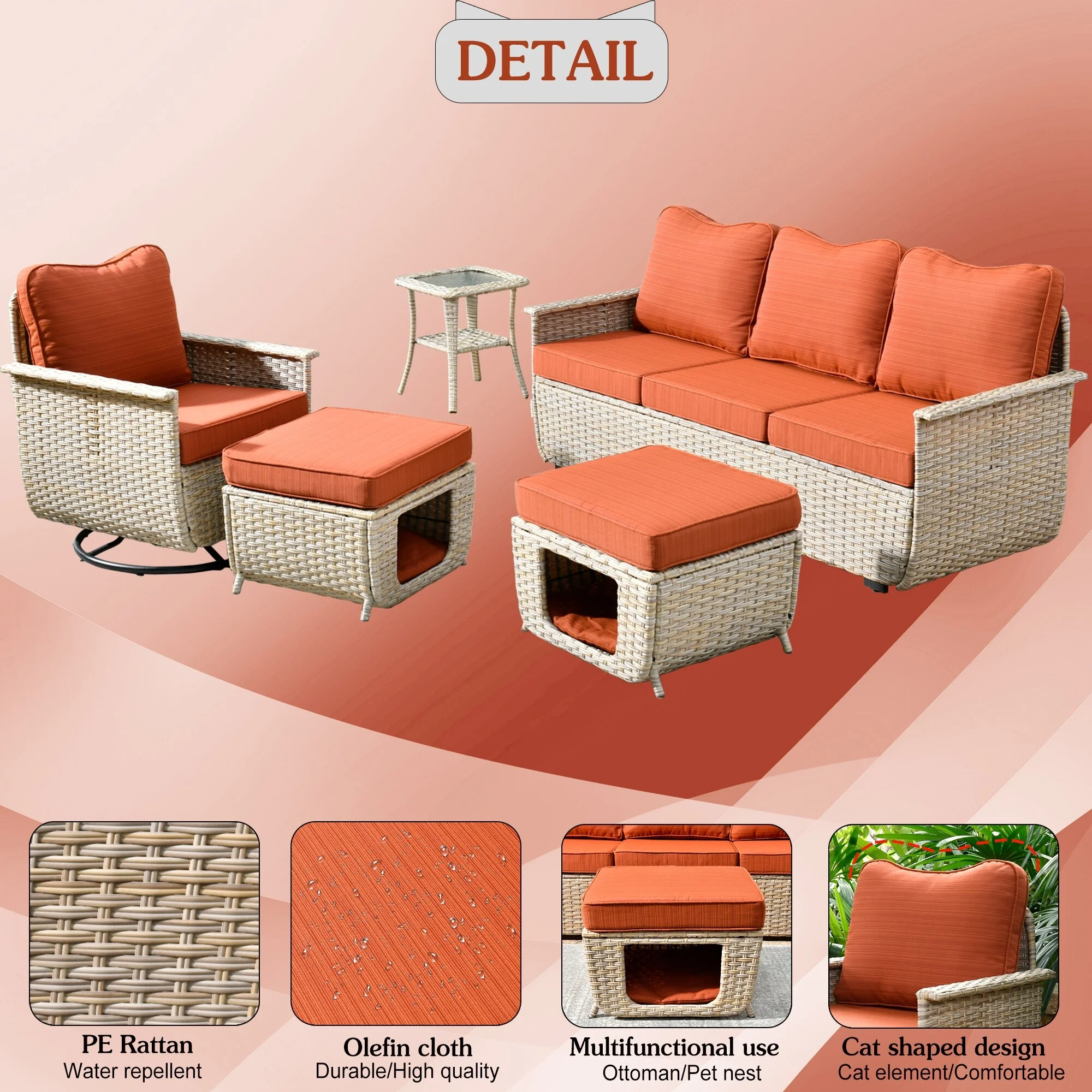 OVIOS  5-piece Pet-Friendly Multi-functional Patio Furniture Swivel Chair Wicker Set Red/Orange